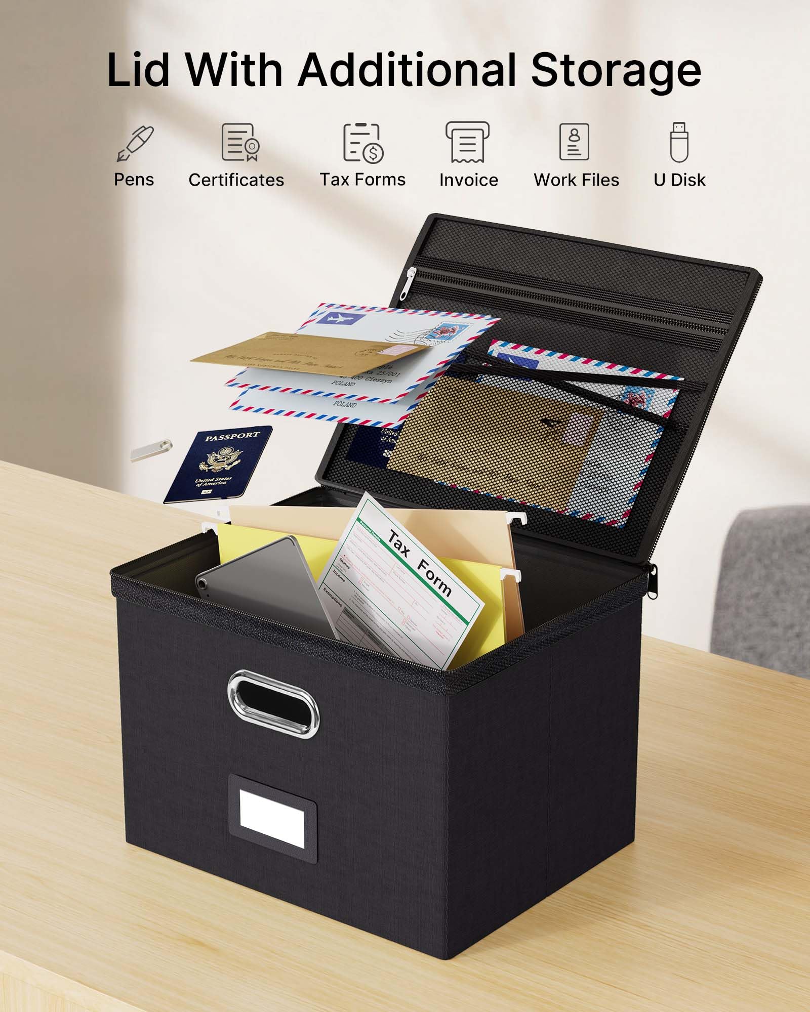 Oterri Zipper File Box with Lid, Legal/Letter Size Document Organizer with Mesh Pockets, Filing Box with Handle, Zippers Document Storage Box for Office/Home/School (1 Pcs, Large-Black)