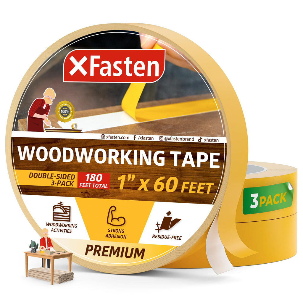 XFasten Double Sided Woodworking Tape, 1 Inch x 180 Feet (3-Pack) - Residue-Free, Surface-Safe Router Template Tape for Delicate MDF, Hardwood, Acrylic, Metal, CNC Machines, Woodworkers, and Turners