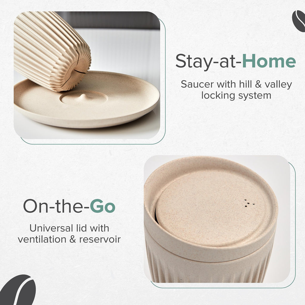 HUSKEE Coffee Cups with Lids - Reusable Coffee Cup with Unique Fins for Espresso, Cappuccino, Americano, Mocha - Insulated & Portable Latte Cups Made with Repurposed Coffee Husks (Natural, 16oz)