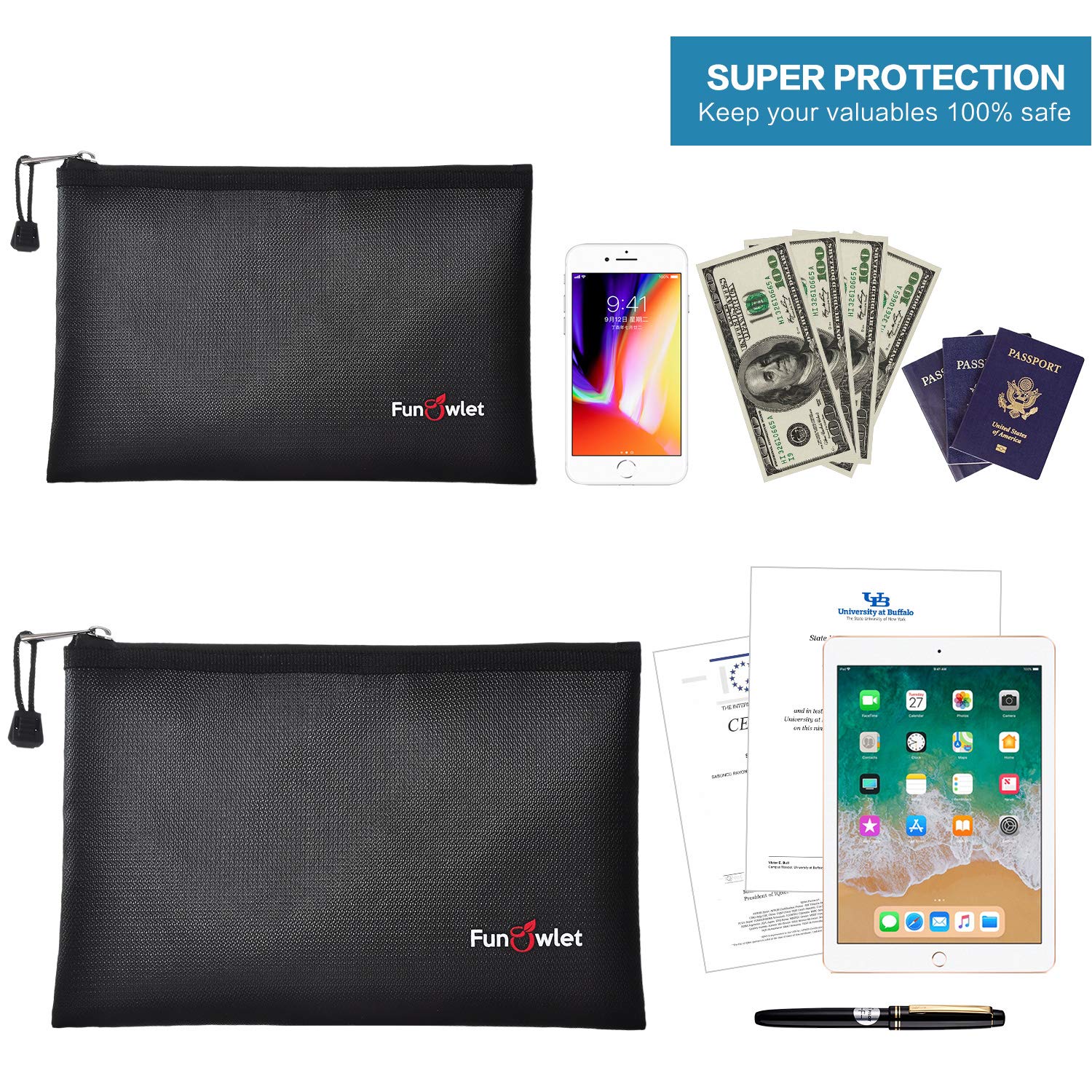 Fireproof Safe Money Document Bags - 2 Pack 13.4" x 9.8" and 10.6" x 6.7" Waterproof Zipper Bag, Fire & Water Resistant Storage Organizer Pouch for A4 A5 Documents Holder,File,Cash,Passport (Black)