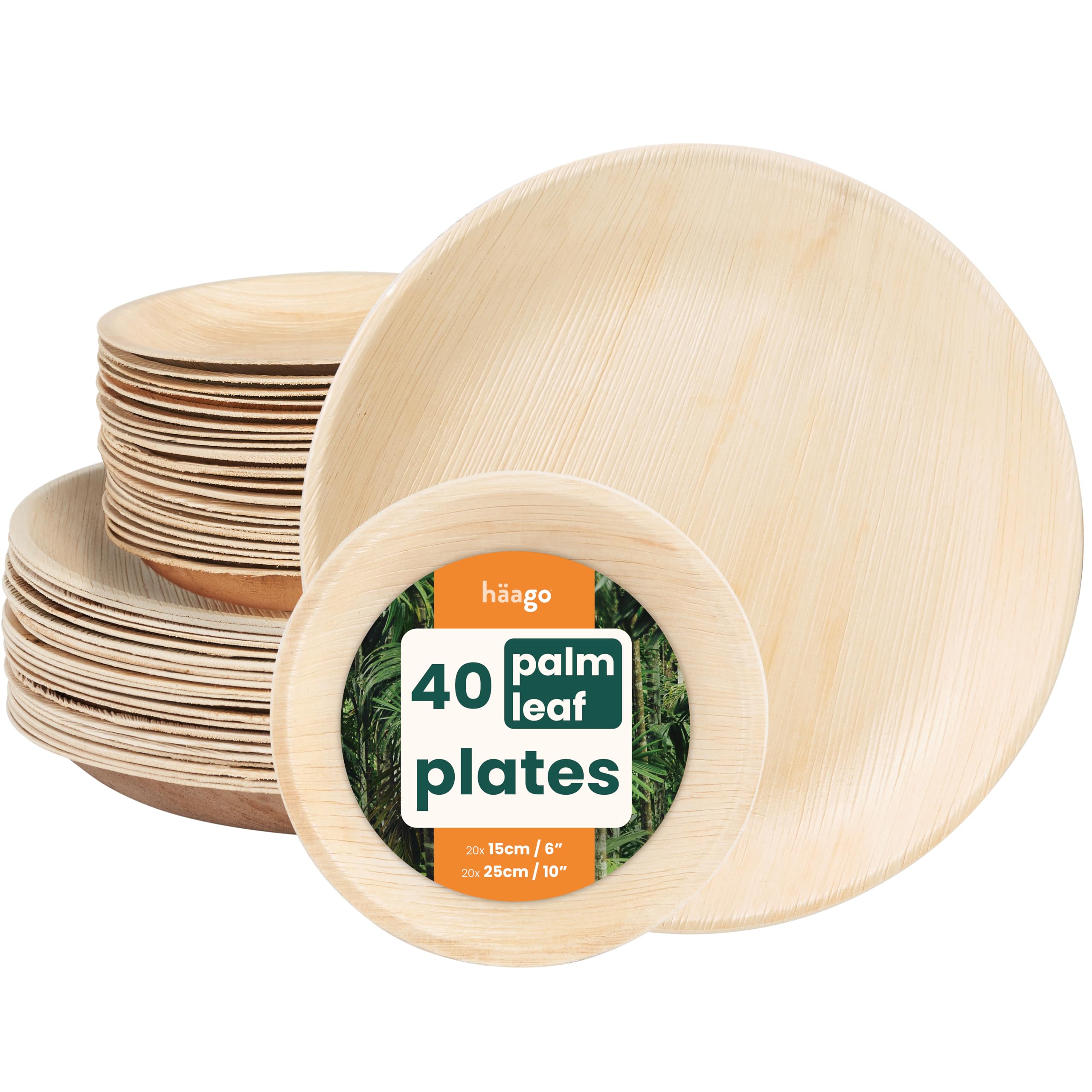 HAAGO 40 Pack 25/15cm Palm Leaf Plate Set (Round) Like Bamboo Plates | Biodegradable & Disposable Plates Tableware for Party, Picnic, Outdoor, Microwave Safe