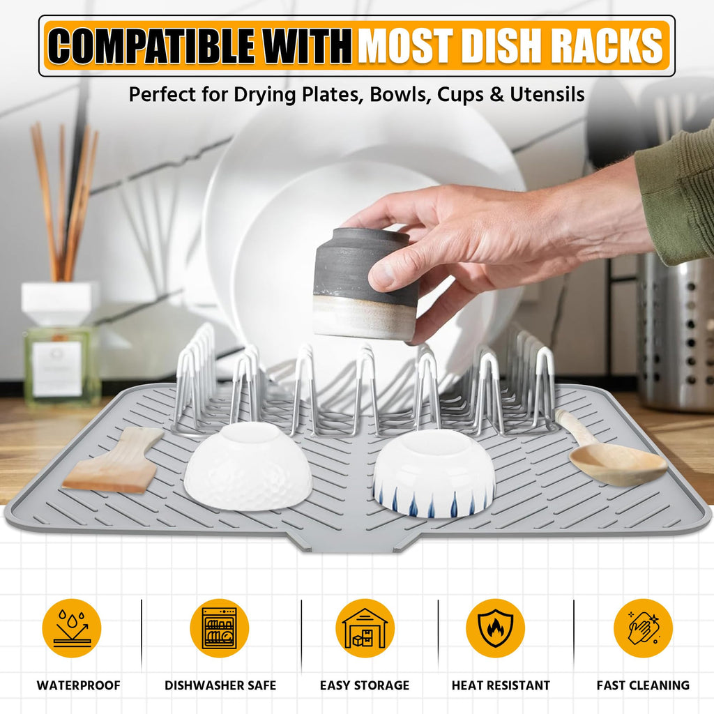 Luxet Silicone Dish Drying Mat with Built-in Drain Lip - Hygienic Drying Pad - Sturdy Compact Easy to Clean Tray Protects Surfaces Prevents Water Build Up - 23 X 17 (Grey)