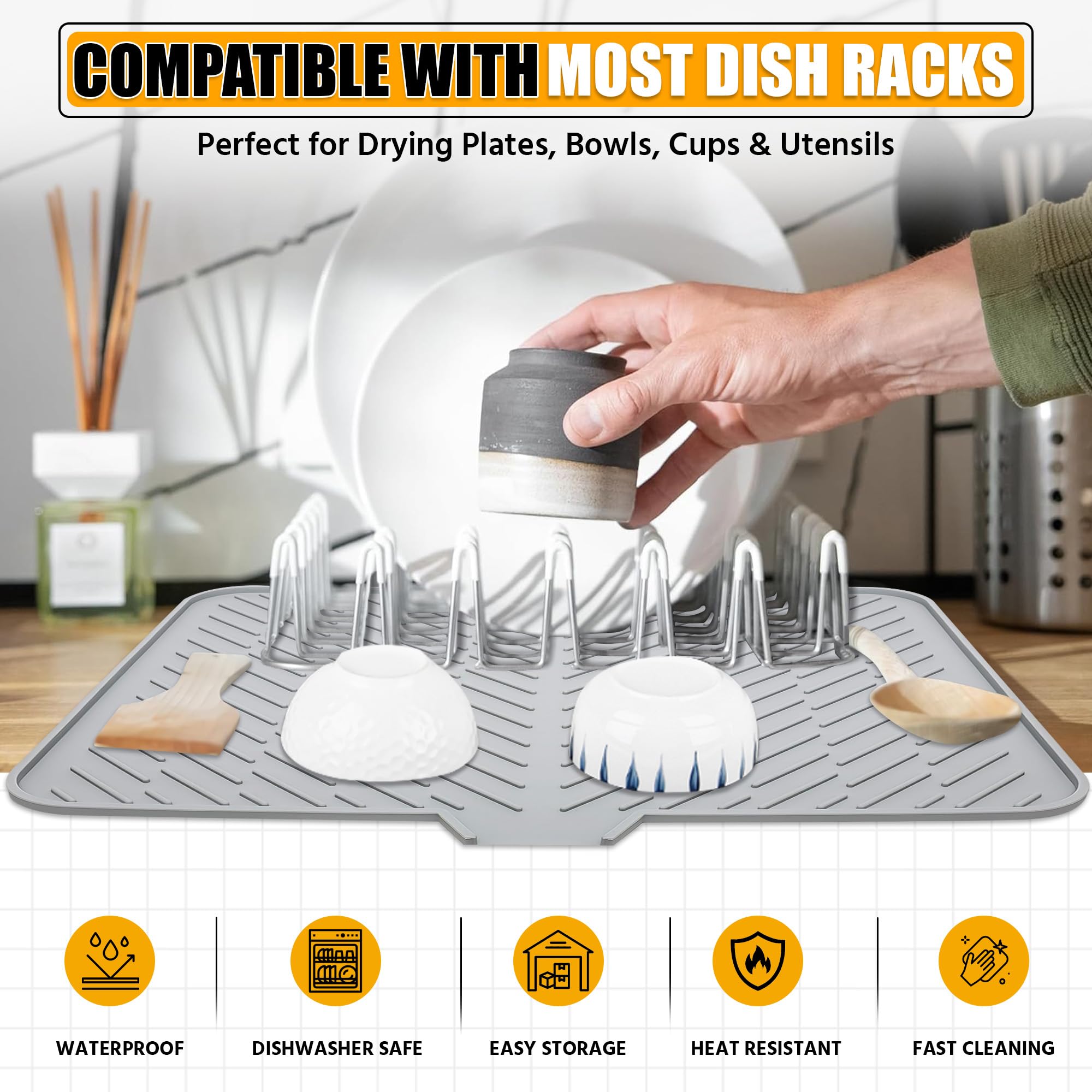 Luxet Silicone Dish Drying Mat with Built-in Drain Lip - Hygienic Drying Pad - Sturdy Compact Easy to Clean Tray Protects Surfaces Prevents Water Build Up - 23 X 17 (Grey)