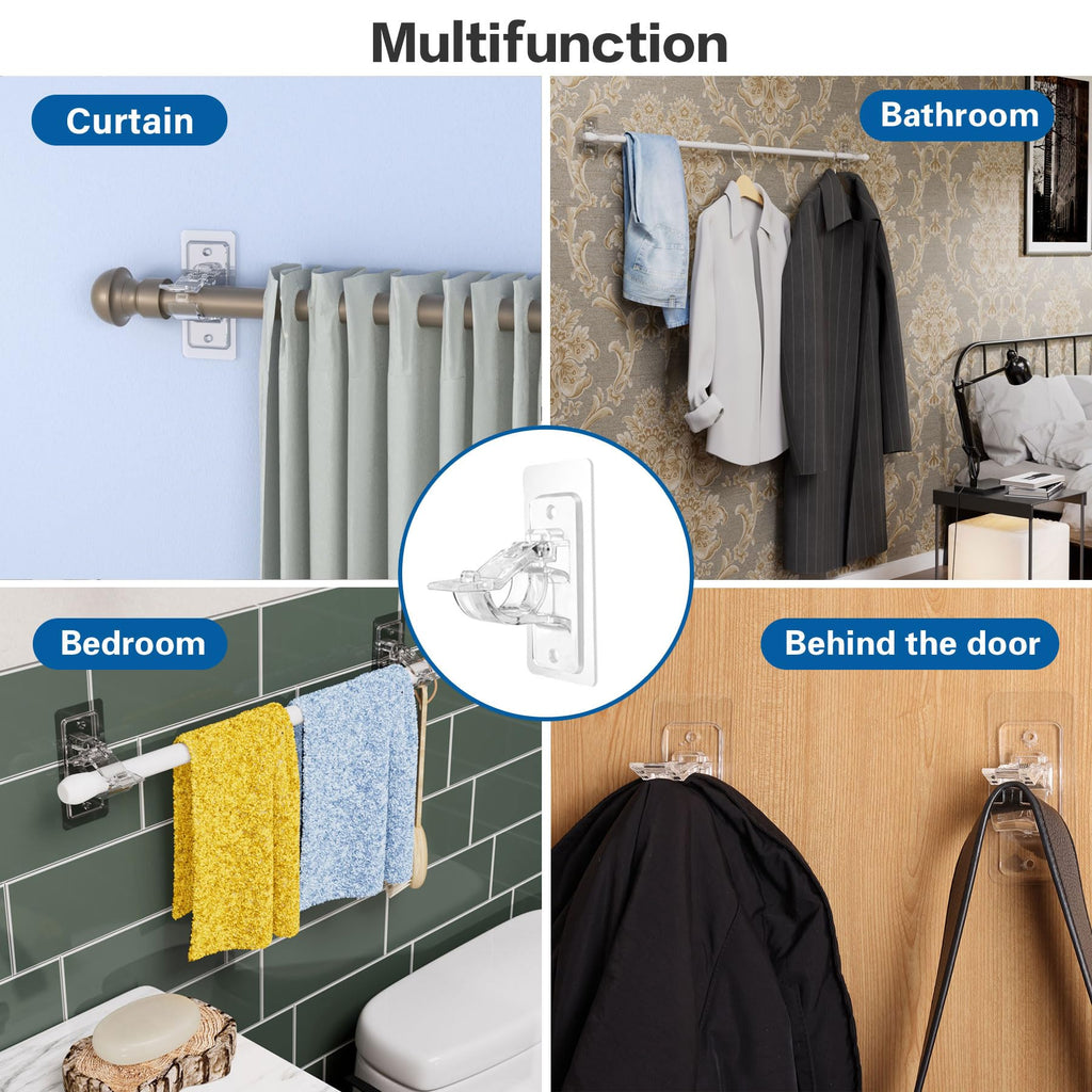 ANDGOO 4 Pack No Drill Curtain Rod Brackets, Adhesive Curtain Rod Holders, Curtain Rod Hooks for 0.5'' to 1.2'' Rods, Renter Friendly Curtain Rod Hangers for Bedroom, Bathroom, Living Room, Apartment