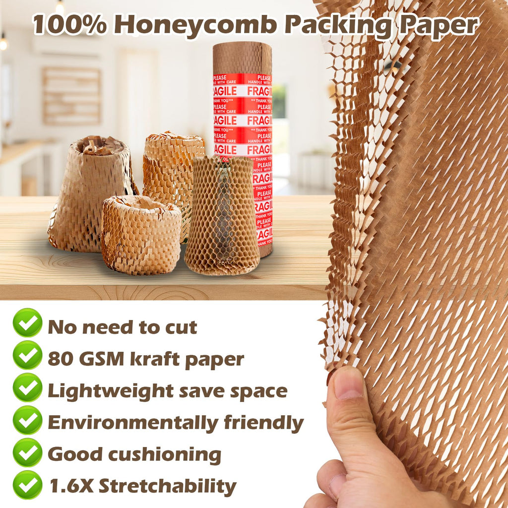 Honeycomb Packing Paper, 15"x230' Recyclable Moving Supplies Bubble Packing Wrap Alternative for Moving Shipping Packaging, Protective Cushioning Wrap Roll with 36 Fragile Sticker Labels