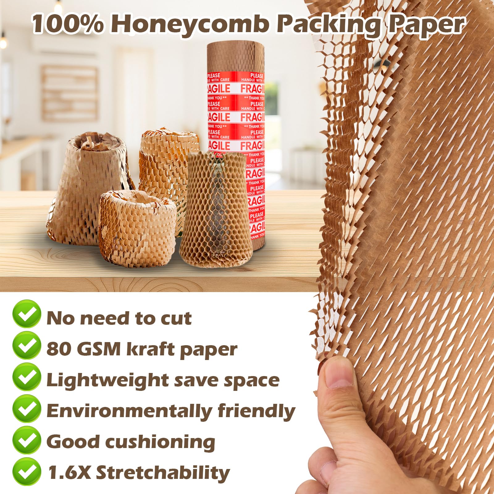 Honeycomb Packing Paper, 15"x230' Recyclable Moving Supplies Bubble Packing Wrap Alternative for Moving Shipping Packaging, Protective Cushioning Wrap Roll with 36 Fragile Sticker Labels