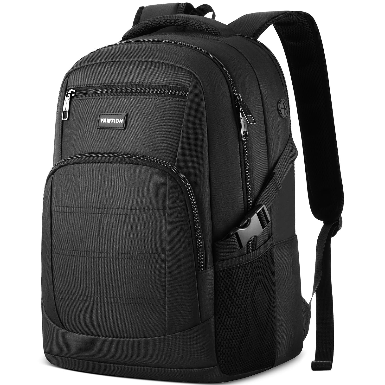 YAMTION Black Backpack for Men and Women, Laptop Backpack with USB Charging Port, School Backpack for Boys and Girls, Lightweight Bookbag, Work Backpack Fits 15.6 Inch Notebook