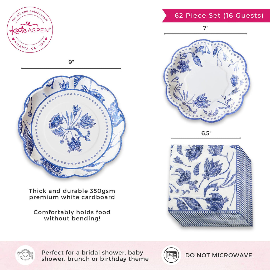 Kate Aspen Blue Willow 62pc Paper Plates Napkins, 16pcs 7 inch & 16pcs 9 inch Heavy Duty Disposable Party Plates, 30pcs 6.5 inch Durable Paper Napkins for Birthday, Baby Shower, Wedding Party