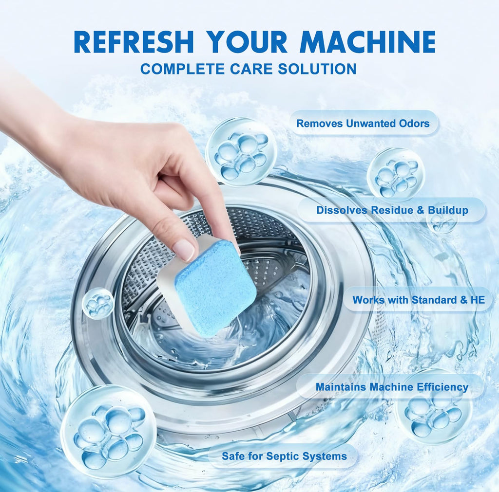 Washing Machine Cleaner Descaler Tablets: 24 Pack Deep Cleaning for Front Loader, Top Load and HE Washer, Septic Safe Eco-Friendly Deodorizer, Clean Drum and Laundry Tub Seal - 1 Year Supply