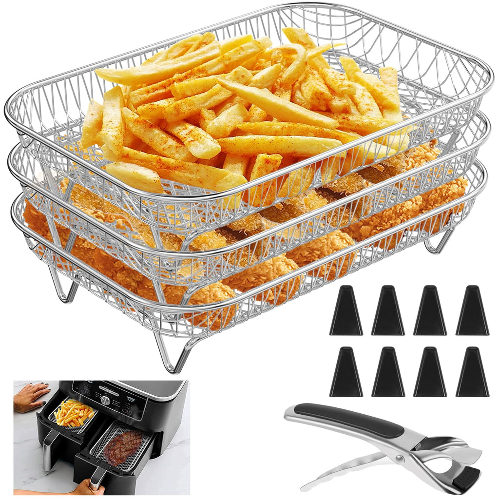 Abizarch Air Fryer Accessories Rack for Ninja Basket, 3 Layers, 304 Stainless Steel Stacking Bacon Racks for Ninja AF300UK, Salter/Instant/EMtronics Double Drawer, with Clip and 8 Silicone Feet