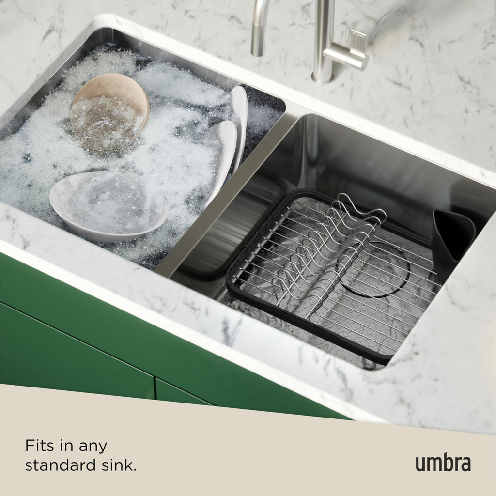 Umbra Sinkin Dish Drying Rack – Drainer Caddy with Removable Cutlery Holder – Use in Sink or On Counter, Standard, Black/Nickel