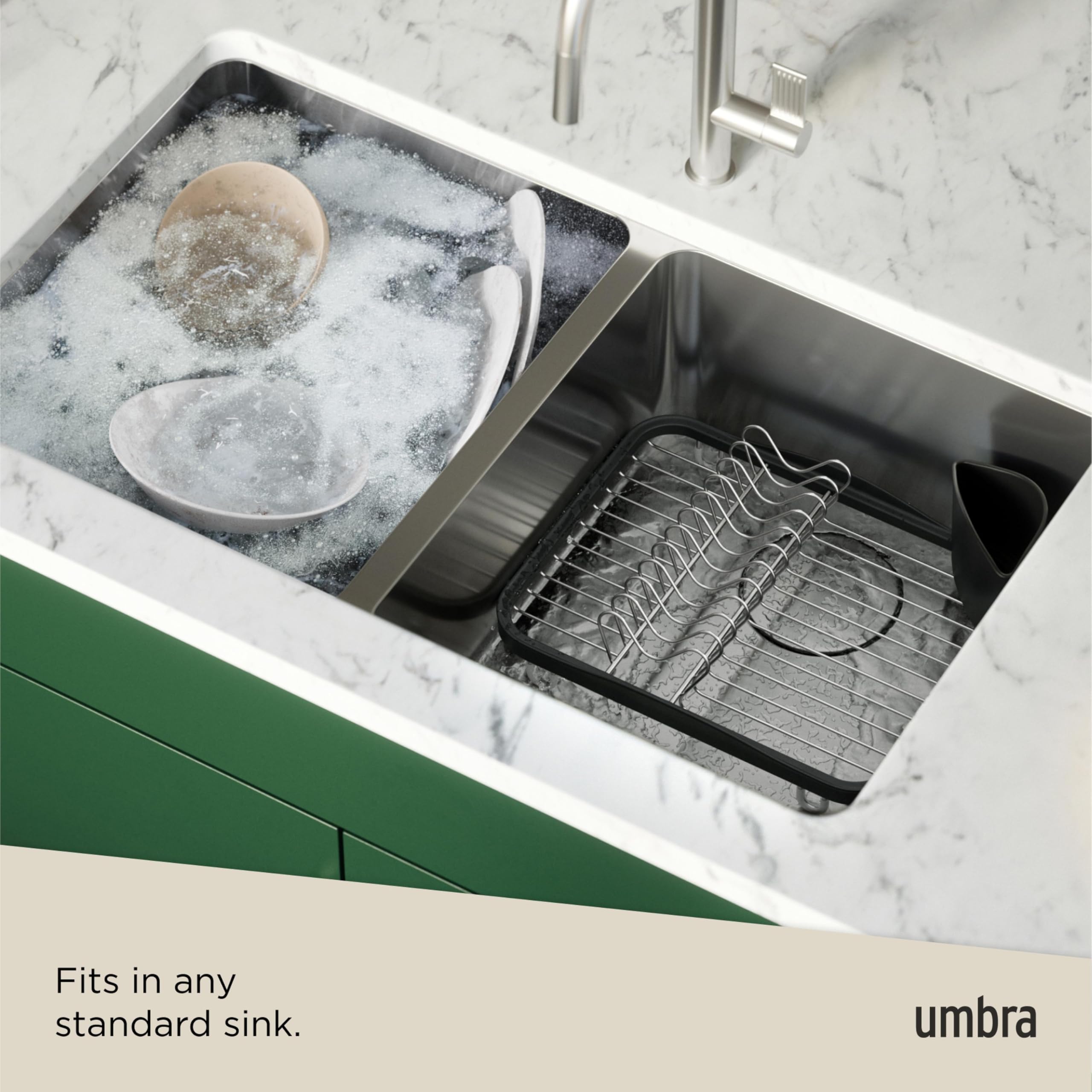 Umbra Sinkin Dish Drying Rack – Drainer Caddy with Removable Cutlery Holder – Use in Sink or On Counter, Standard, Black/Nickel