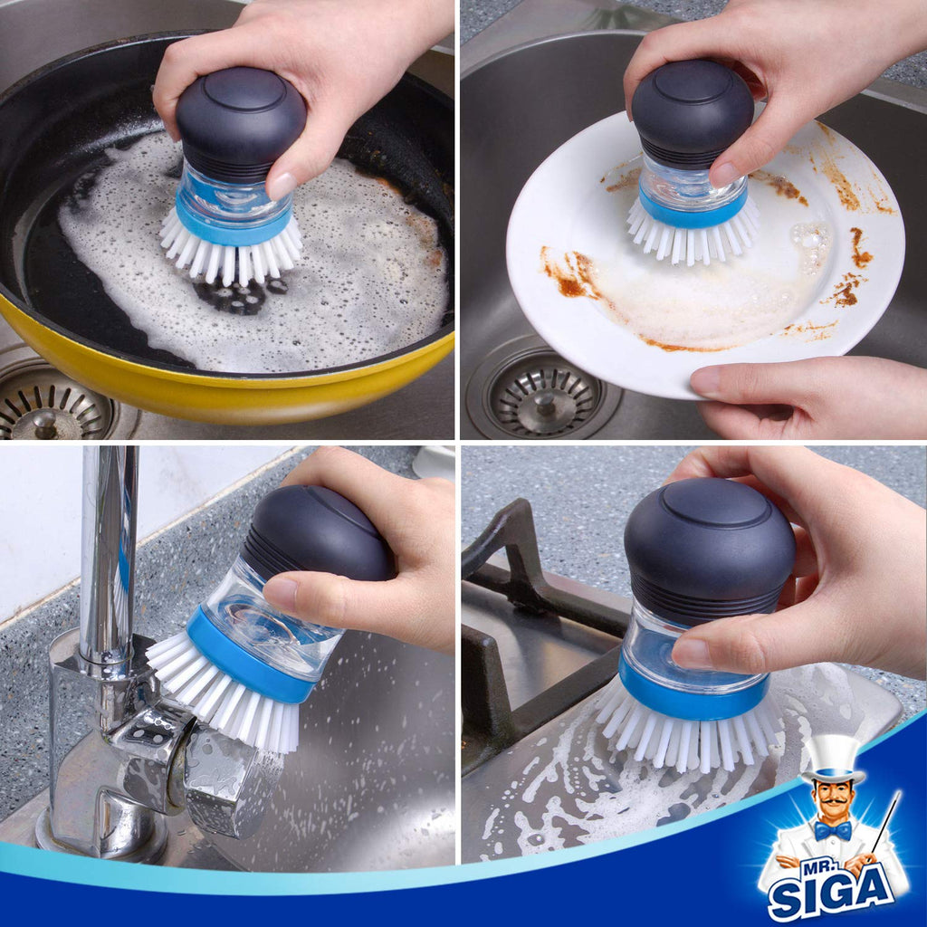 MR.SIGA Soap Dispensing Palm Brush Storage Set, Kitchen Brush with Holder for Pot Pan Sink Cleaning