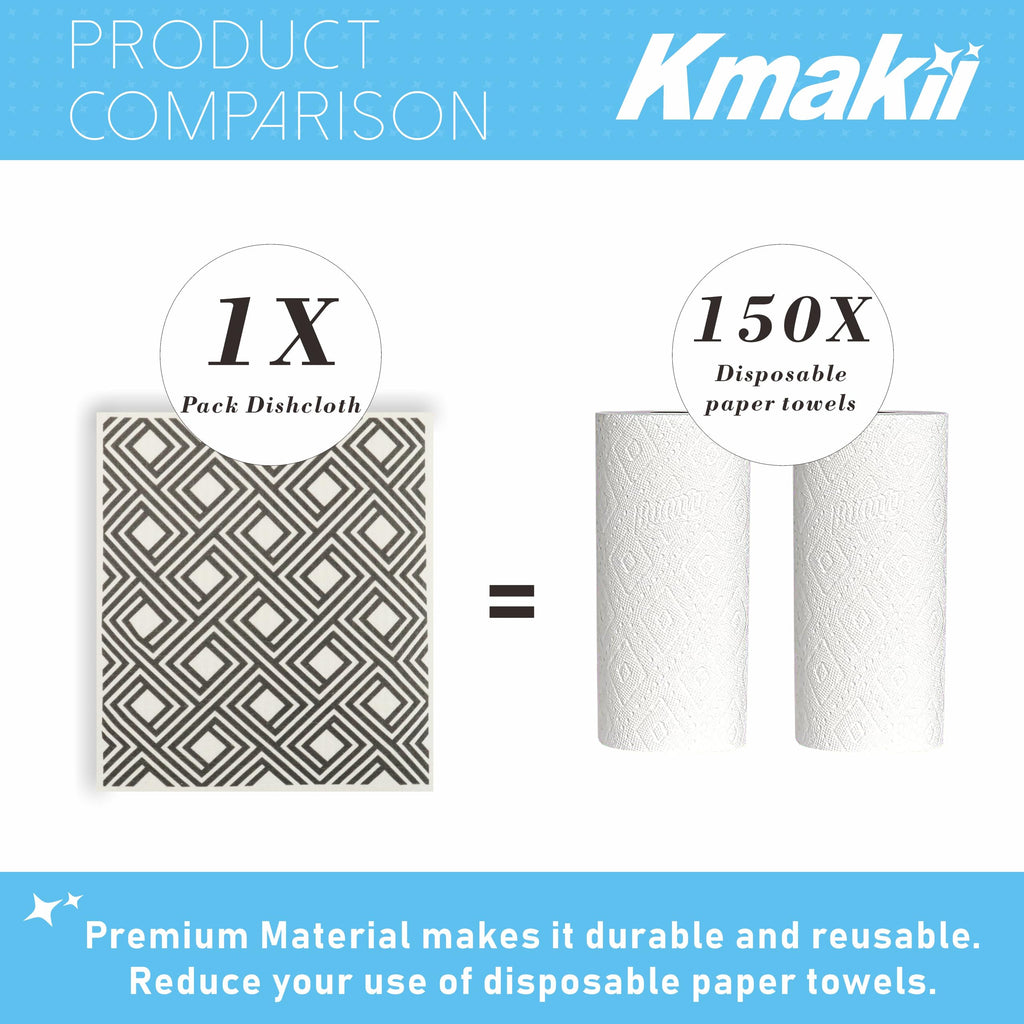 KMAKII 10 Pack Swedish Dishcloths - Black & White - Cellulose Sponge Cloths Reusable Cleaning Cloths Absorbent Dish Cloth Quick Drying for Kitchen and Cleaning Counters