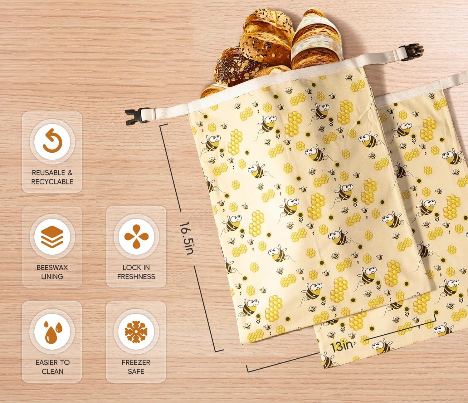 Beeswax Bread Bags for Homemade Bread & Sourdough - 2 Pack Reusable, Freezer Safe Bread Storage Bags with Natural Beeswax Lining, XL Large Container for Freshness, Eco-Friendly Alternative to Plastic