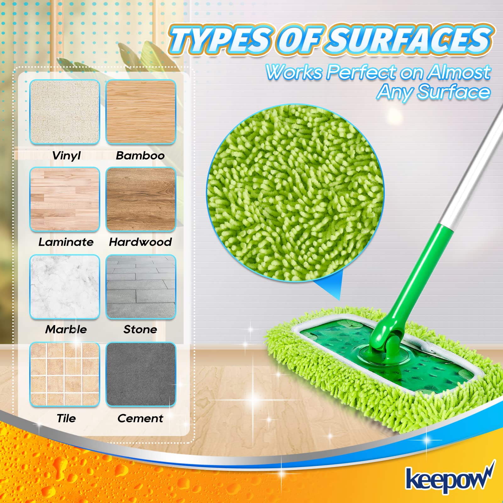 KEEPOW Reusable Microfiber Mop Pads Compatible with Swiffer Sweeper Mop, Dry Sweeping Cloths, Washable Wet Mopping Cloth Refills for Surface/Hardwood Floor Cleaning, 4 Pack (Mop is Not Included)