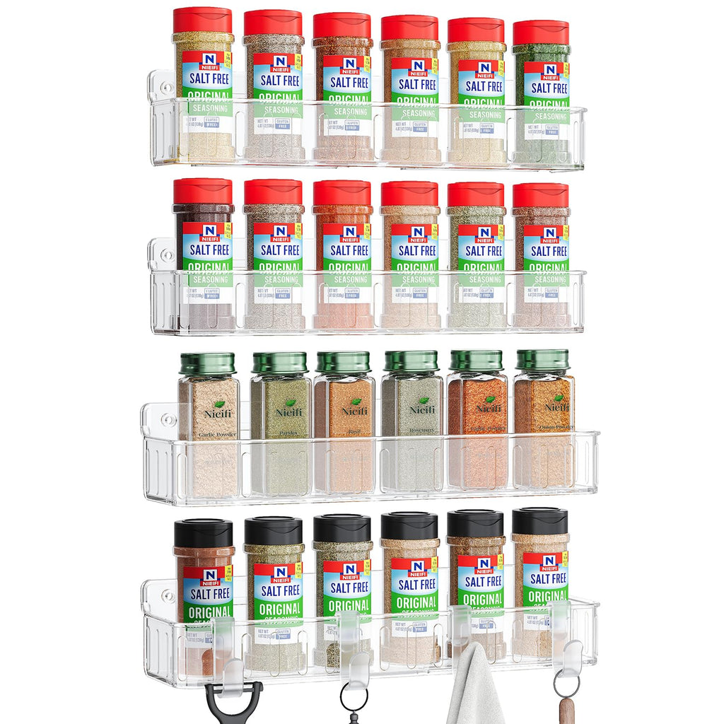 Nieifi Spice Rack Wall Mount, Spice Organizer for Spice Jars, Screw or Adhesive Hanging Spice Rack Organizer for Your Kitchen Cabinet or Pantry Door,4 Pack (Clear)