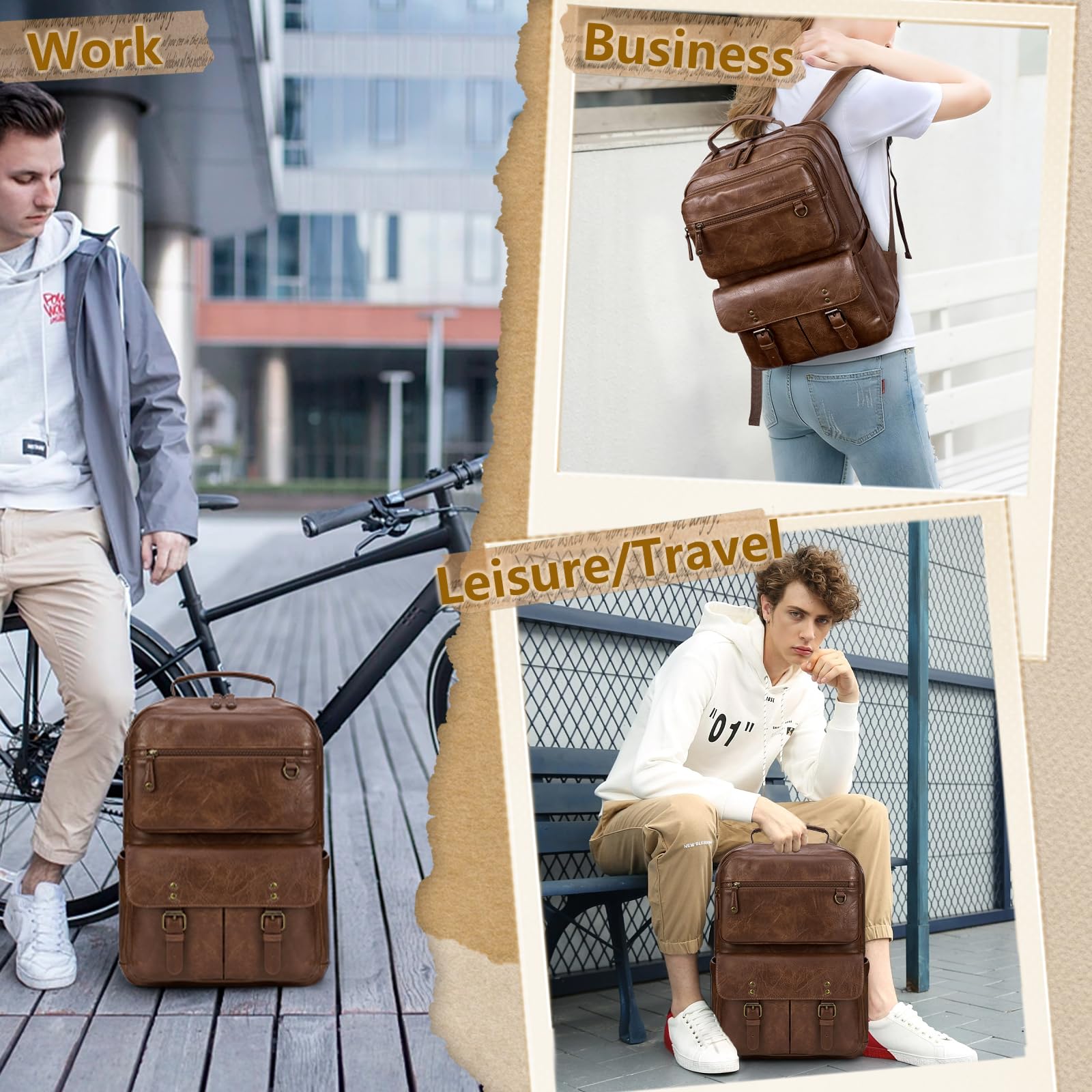 15.6 Inch Travel Laptop Backpack for Men Women, TSA Friendly Waterproof Business Computer Bag with USB Charging Port & Headphone Jack, Vintage PU Leather College School Bookbag for Work