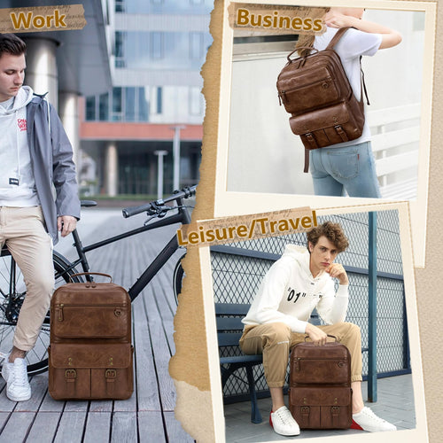 15.6 Inch Travel Laptop Backpack for Men Women, TSA Friendly Waterproof Business Computer Bag with USB Charging Port & Headphone Jack, Vintage PU Leather College School Bookbag for Work