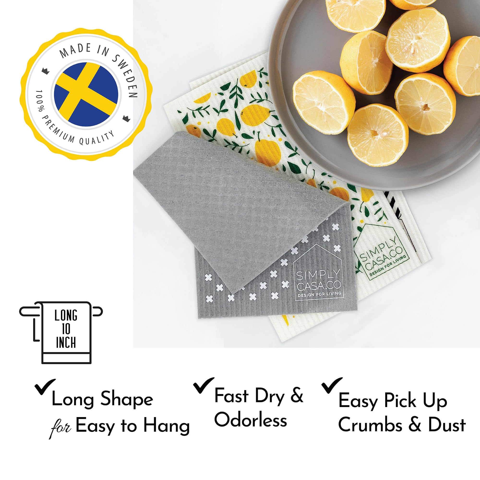 SIMPLYCASA Long 5‑Pack Swedish Dishcloths – Reusable, Cellulose Sponge Dish Cloths for Washing Dishes, Paper Towel Replacement, Plastic-Free Packaging, Super Absorbent