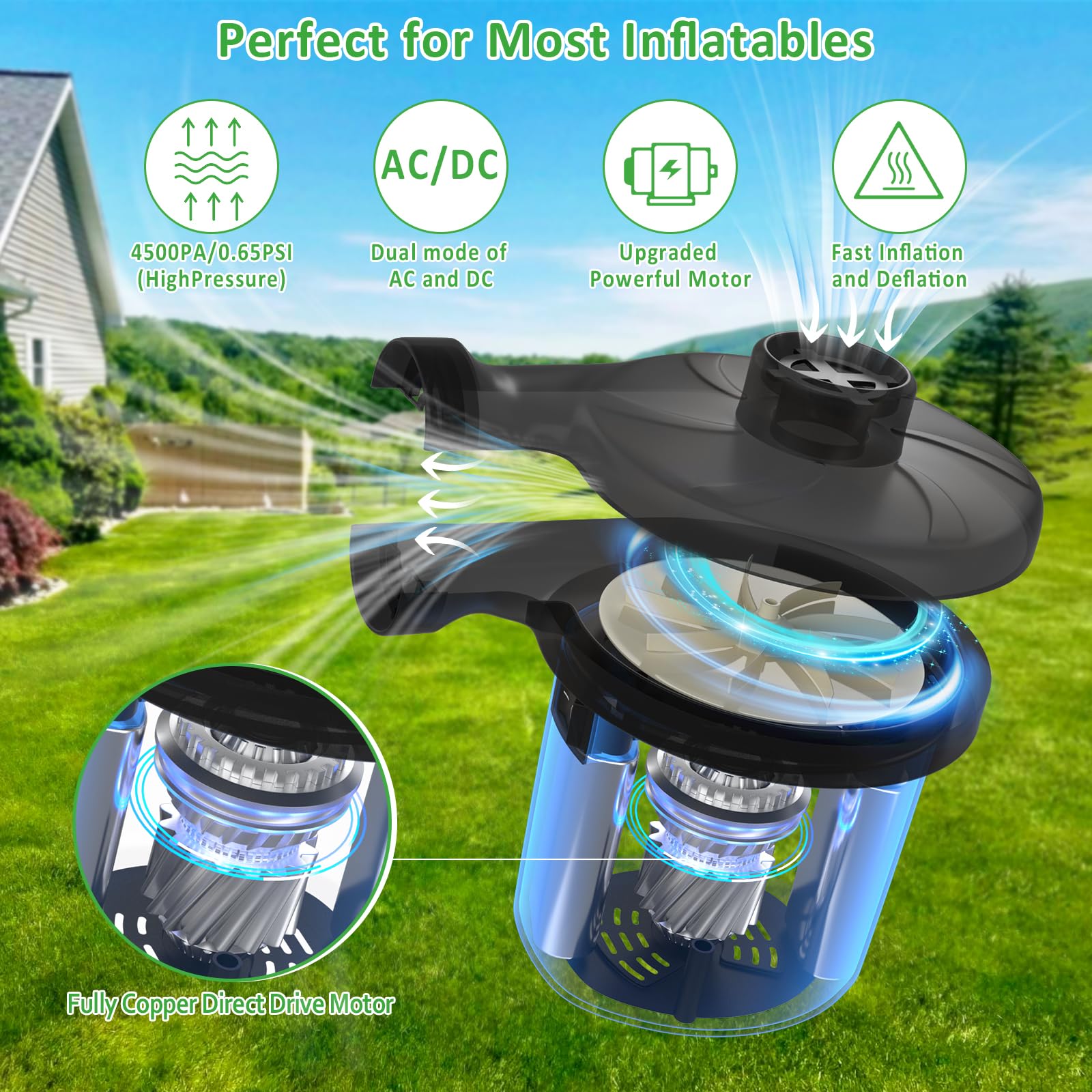 Electric Air Pump, AGPtEK Portable Quick-Fill Air Pump with 3 Nozzles, 4500 Pa 110V AC/12V DC, Perfect Inflator/Deflator Pumps for Outdoor Camping, Inflatable Cushions, Air Mattress Bed, Swimming Ring