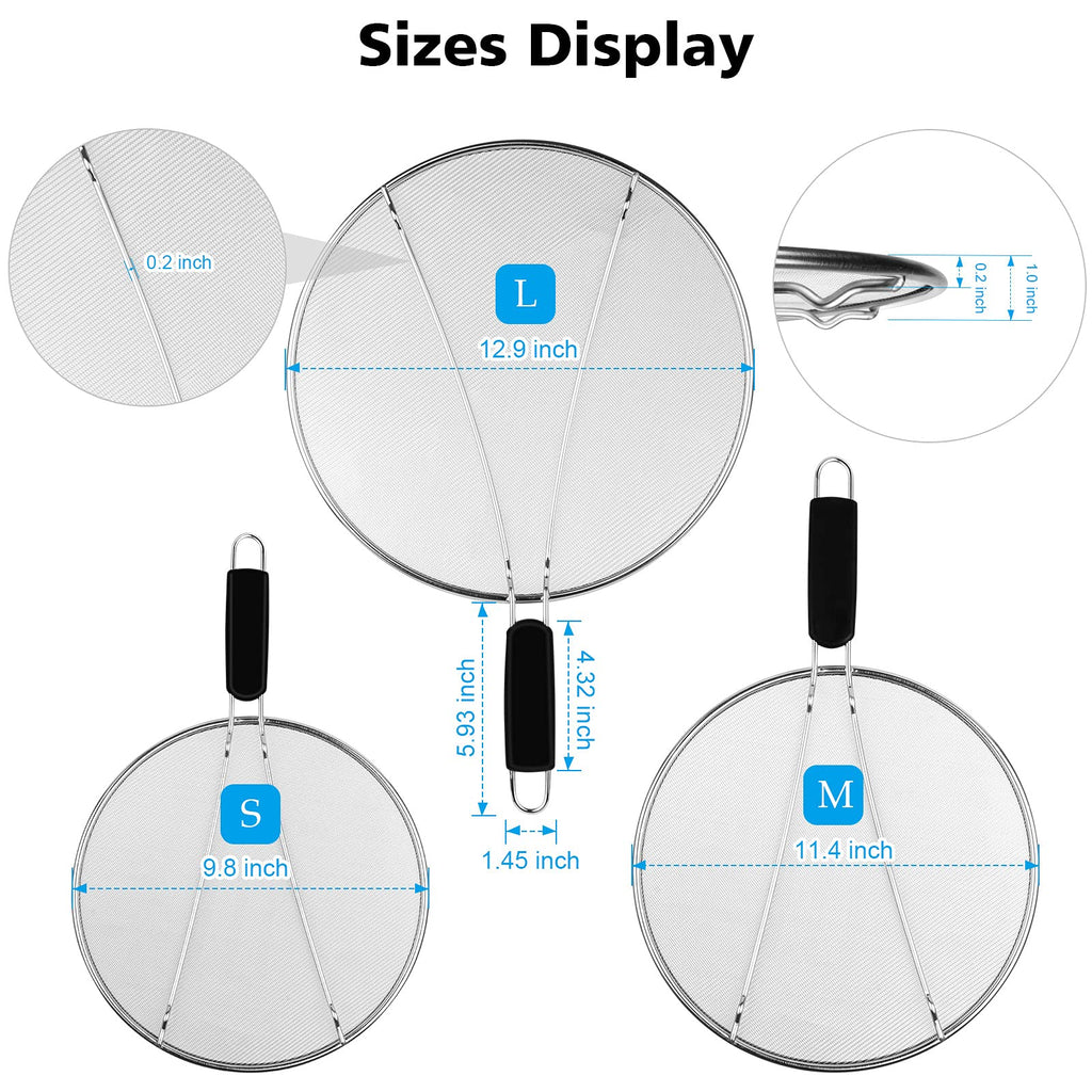 Splatter Screen for Frying Pan - 9.8" 11.4" 13" Grease Splatter Guard Hot Oil Splatter Guard, Stainless Steel Fine Mesh Splash Guard with Resting Feet for Cooking to Prevent Oil Splatter