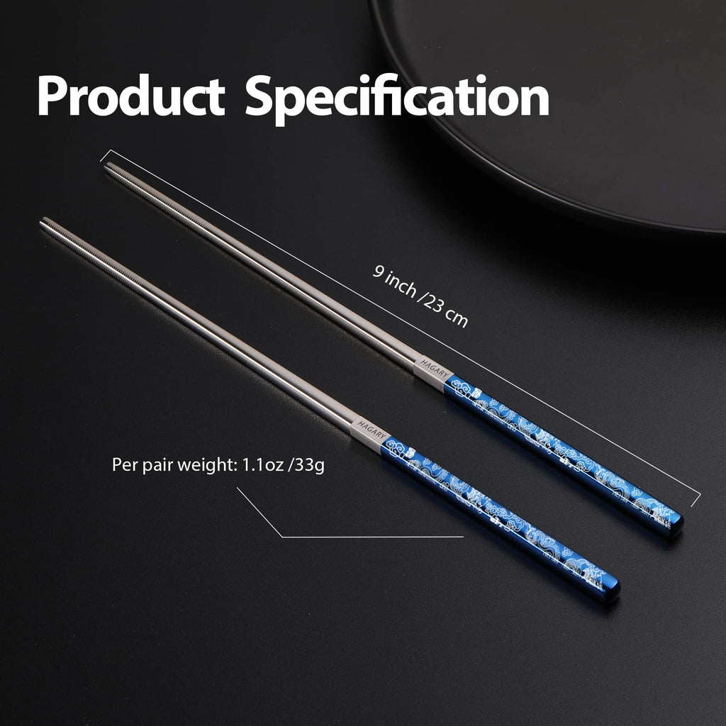 Hagary Dragon Chopsticks Metal Reusable Designed In Korea Japanese Style Stainless Steel 316 18/10 Non-Slip Dishwasher Safe Laser Etched (Blue - 2 Pairs)