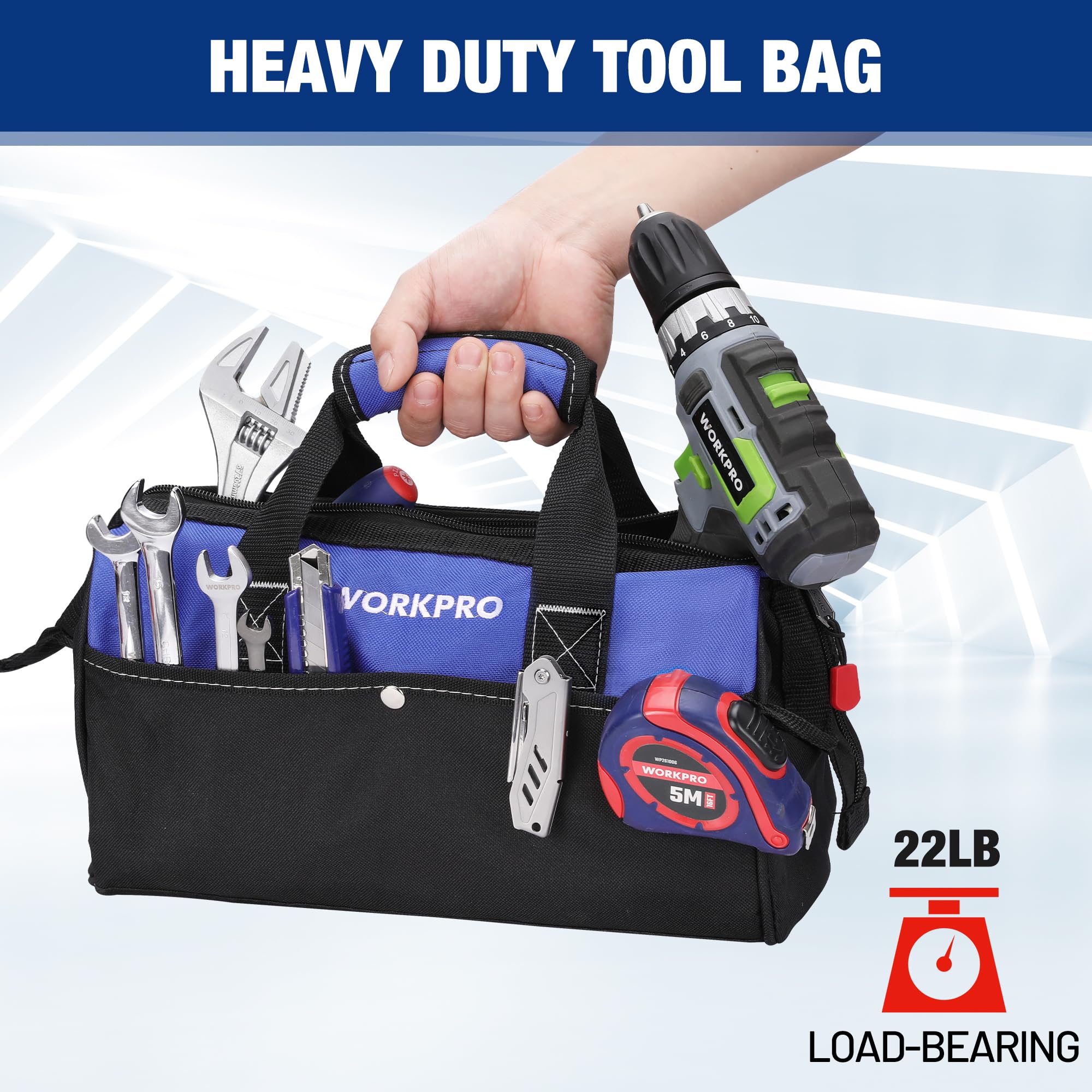 WORKPRO 13-inch Tool Bag, Wide Mouth Tool Tote Bag with Inside Pockets for Tool Storage