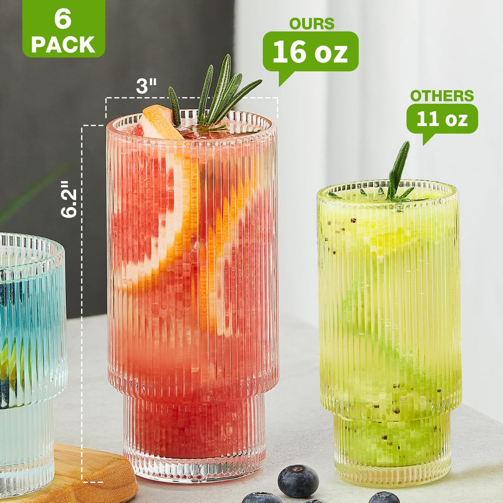 Qipecedm 6 Pack Ribbed Drinking Glasses - 16 oz Vintage Glass Cups, Highball Cocktail Glasses, Premium Iced Coffee Tumblers, Elegant Glassware for Water, Juice, Whiskey, Beer