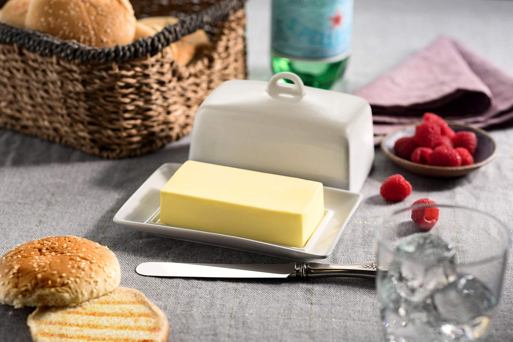 GOURMEX Classic Butter Dish with Lid | Fits One Stick of Butter | Ideal Butter Keeper for Salted, Unsalted Butter and Coconut Butter in Fridge | Ceramic White Tray Covered Butter Dish Dishwasher Safe (1 Pound)