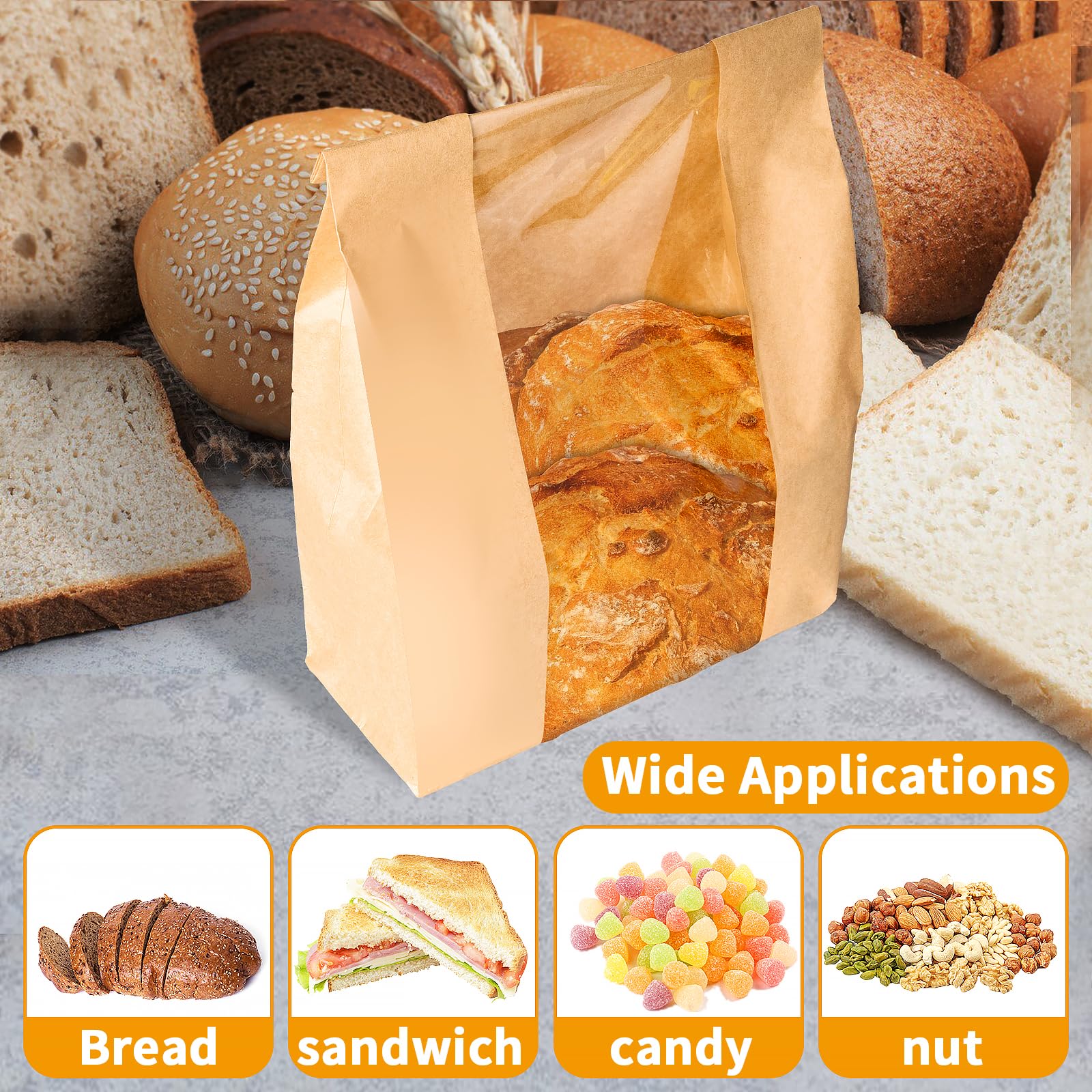100Packs Sourdough Bread Bags for Homemade Bread, Brown Paper Food Storage Bags with Clear Window Includes Label Seal Stickers,Bakery Packaging Bags Large 13.7x8.2x3.5inch