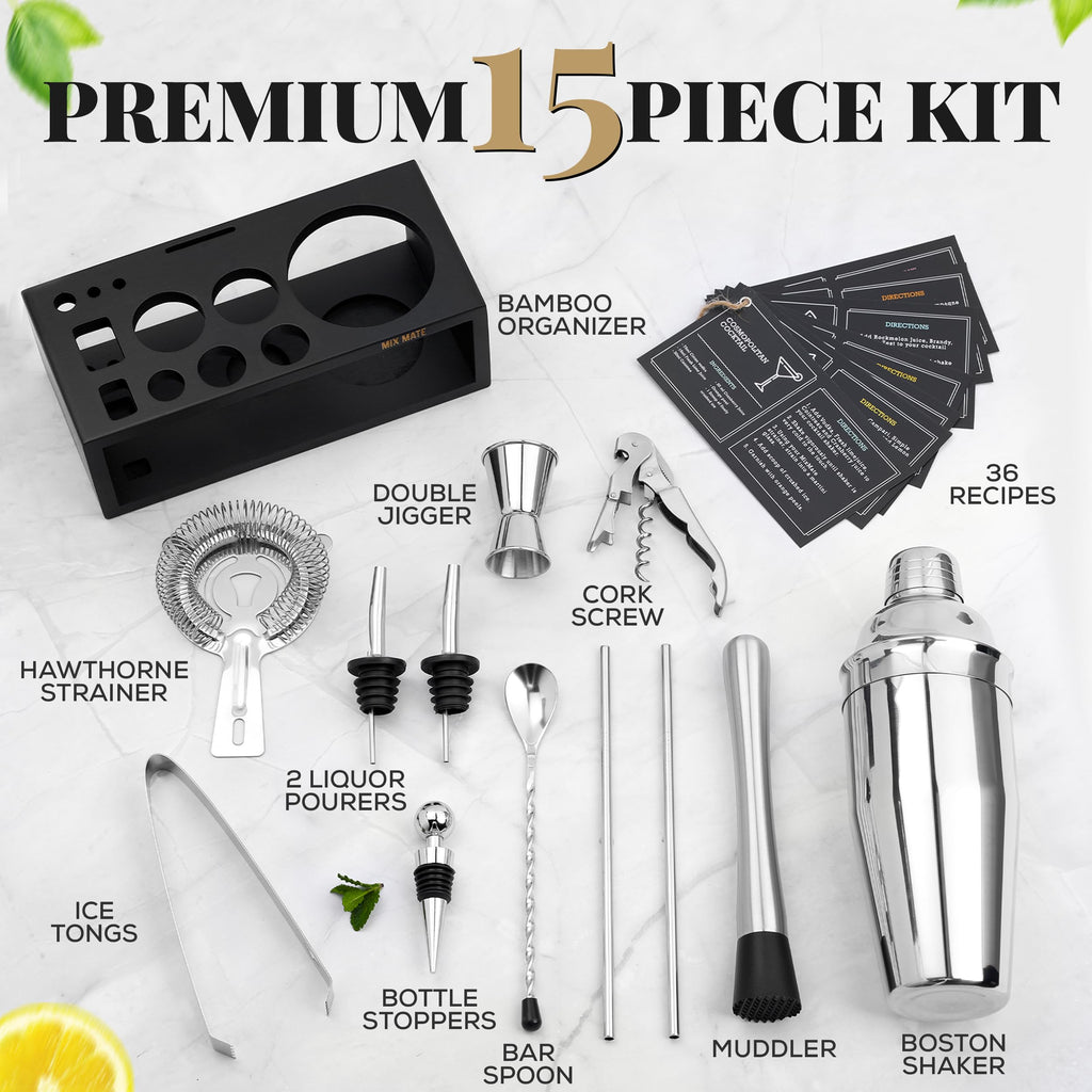 Mixology Bartender Kit with Stand | 15 Piece Bar Tool Set, Silver Bar Set Cocktail Shaker Set for Drink Mixing - Includes Martini Shaker, Jigger, Strainer, Bar Mixer Spoon, Tongs | Gift Idea (Silver)