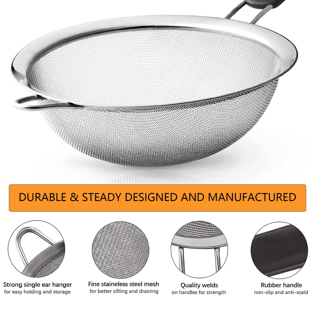 VICSDEP Fine Mesh Strainer Set of 4,Stainless Steel 8, 12, 16,20cm Strainers Wire Sieve Sifter with Insulated Handle Strainers for Kitchen Gadgets Tools