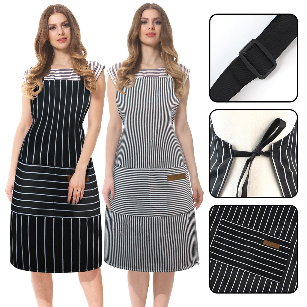 Taidven 2 Pack Apron - Unisex, Adjustable Bib Kitchen Apron, Cooking Apron, Aprons for Women with Pockets, Chef Aprons for Men, Black and Brown Striped, Standard