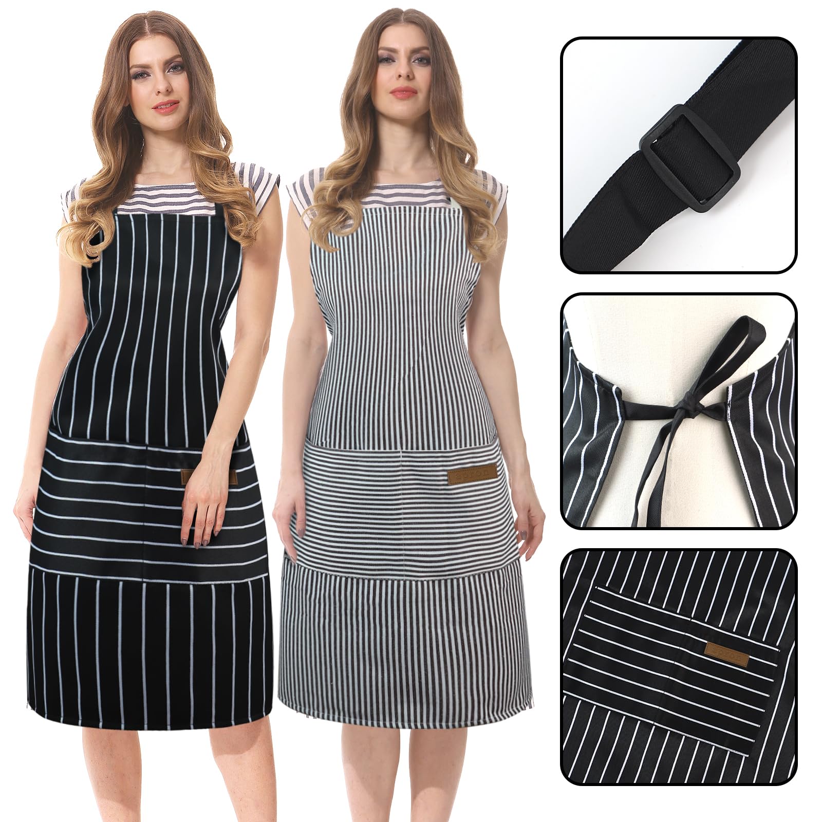 Taidven 2 Pack Apron - Unisex, Adjustable Bib Kitchen Apron, Cooking Apron, Aprons for Women with Pockets, Chef Aprons for Men, Black and Brown Striped, Standard