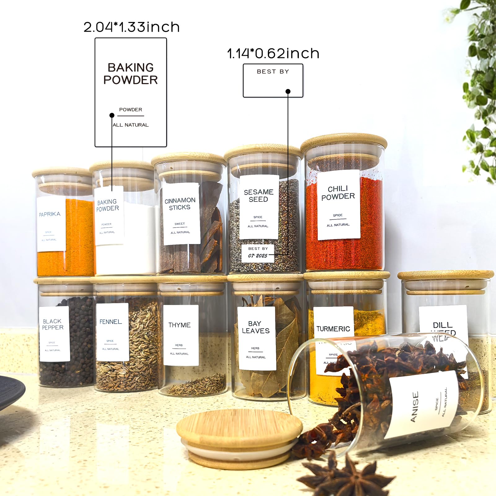 Kuocodall 12 Pcs Glass Spice Jars with Bamboo Airtight Lids & 201 Labels - 8oz Small Empty Food Storage Containers for Kitchen, Seasonings, Herbs, Salt