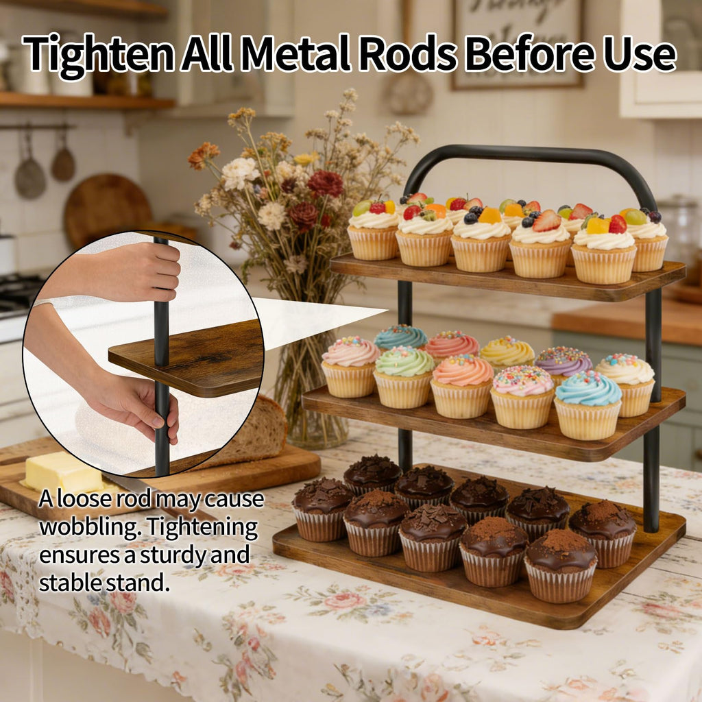 OugeWood Cupcake Stand, 3 Tier Large Cupcake Stand Rustic Stepped Cupcake Display Stand Square Wood Dessert Table Display Set Cupcake Tower Tiered Tray Stand for Wedding Birthday Graduation