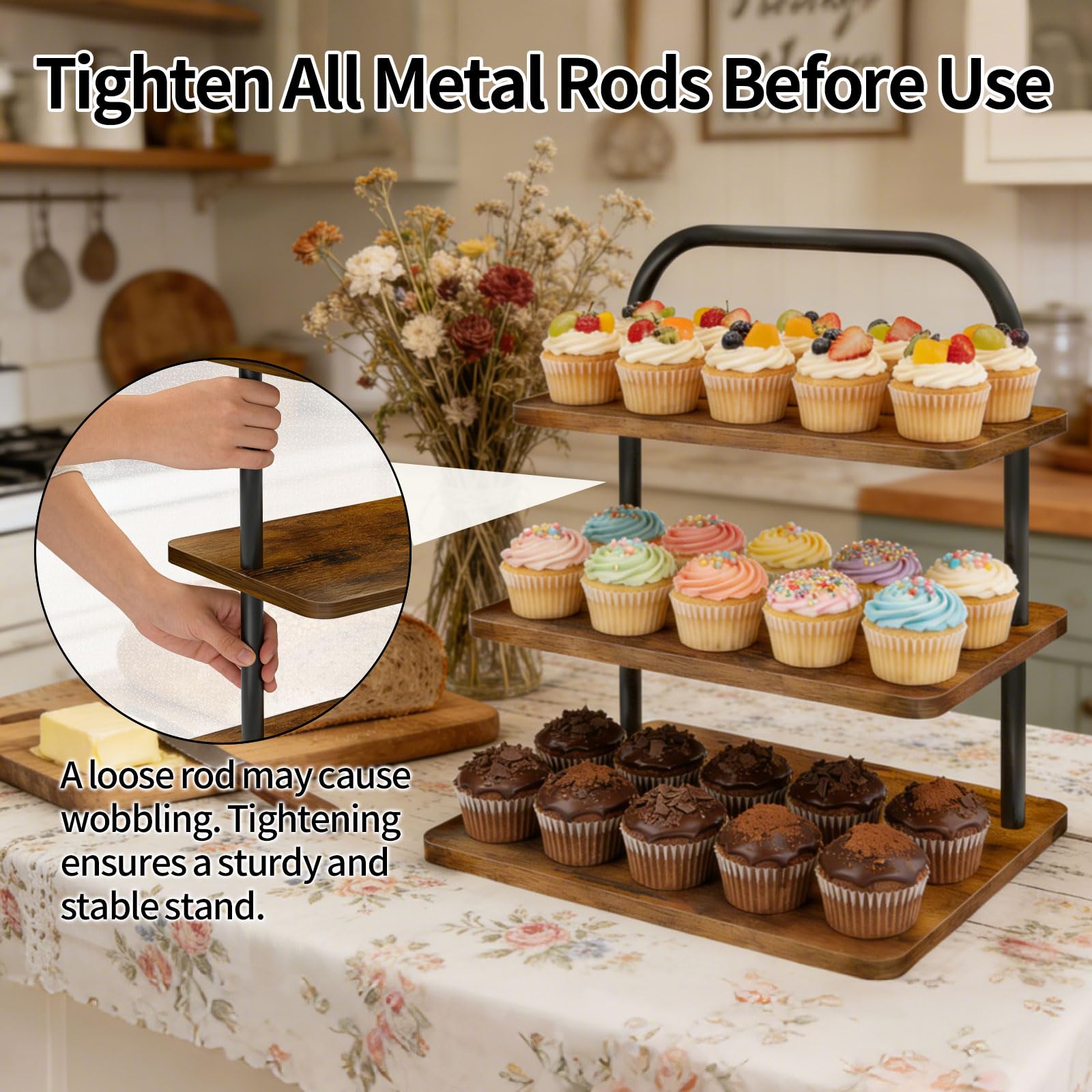OugeWood Cupcake Stand, 3 Tier Large Cupcake Stand Rustic Stepped Cupcake Display Stand Square Wood Dessert Table Display Set Cupcake Tower Tiered Tray Stand for Wedding Birthday Graduation
