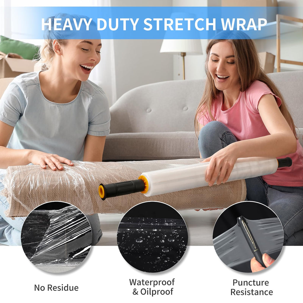 Origuuds Stretch Film, 80 Gauge Stretch Wrap with Handles, Industrial Strength Plastic Wrap for Moving, Pallet Wrap, Packing, Furniture Wrapping, Luggage (Clear/15 Inch x 1000 Feet, 2 Roll)