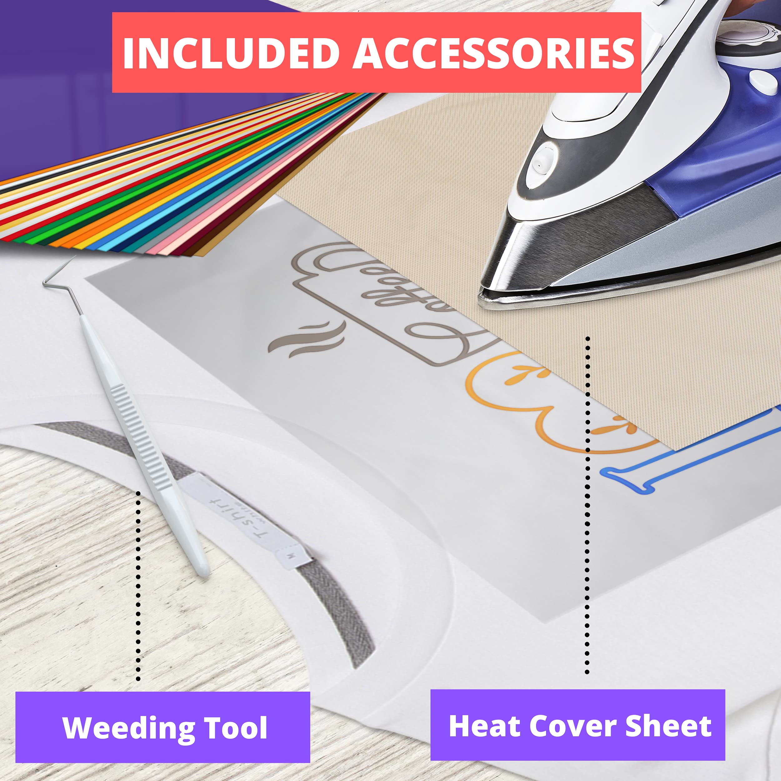 Kassa HTV Assorted Colors Heat Transfer Vinyl: 30 Sheets, 12x10 inches Each; Iron-On or Heat Press Vinyl for T-Shirts, Clothing & Textiles; Includes Teflon Sheet & Weeding Tool for Easy Transfers