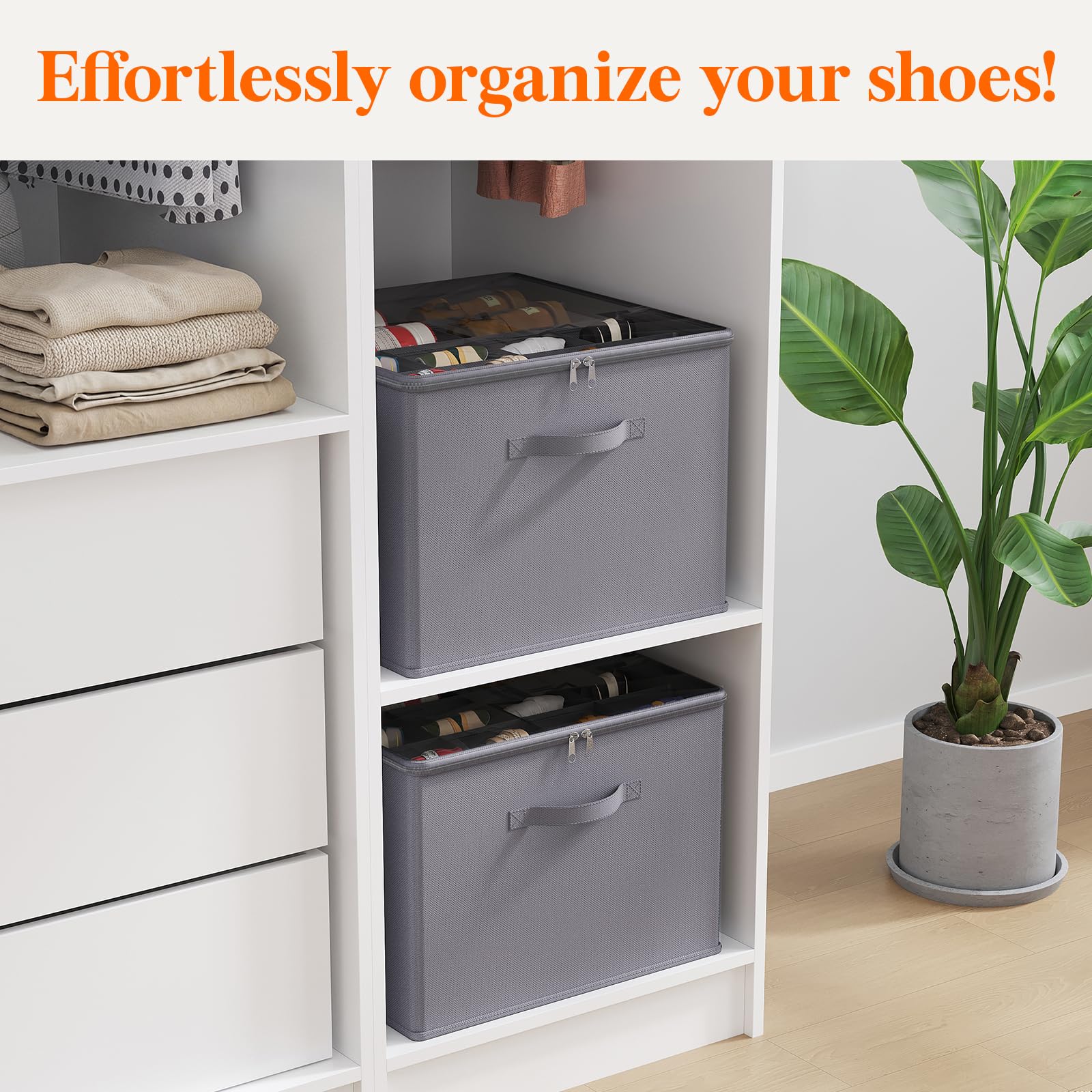 Lifewit Shoe Storage Organizer for Closet, Shoe Box Storage Containers with Clear Cover and Reinforced Handles, Large Shoe Slots Foldable Storage Bins for Boots Heels Sneakers, 2 Pack, 24 Cell, Gray