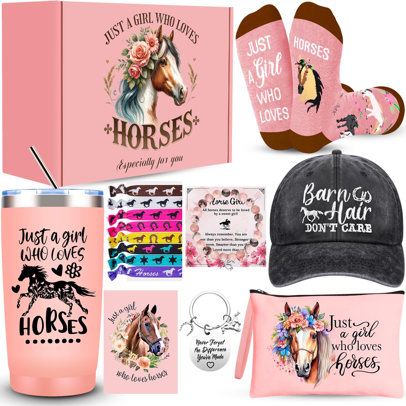 JTAMOHI Horse Lover Gifts for Women Girls, Horses Stuff Cool Gifts for Horses Lovers with 20 Oz Tumbler Baseball Hat Socks Makeup Bag Bracelet Hair Accessories for Birthday, Christmas Gifts