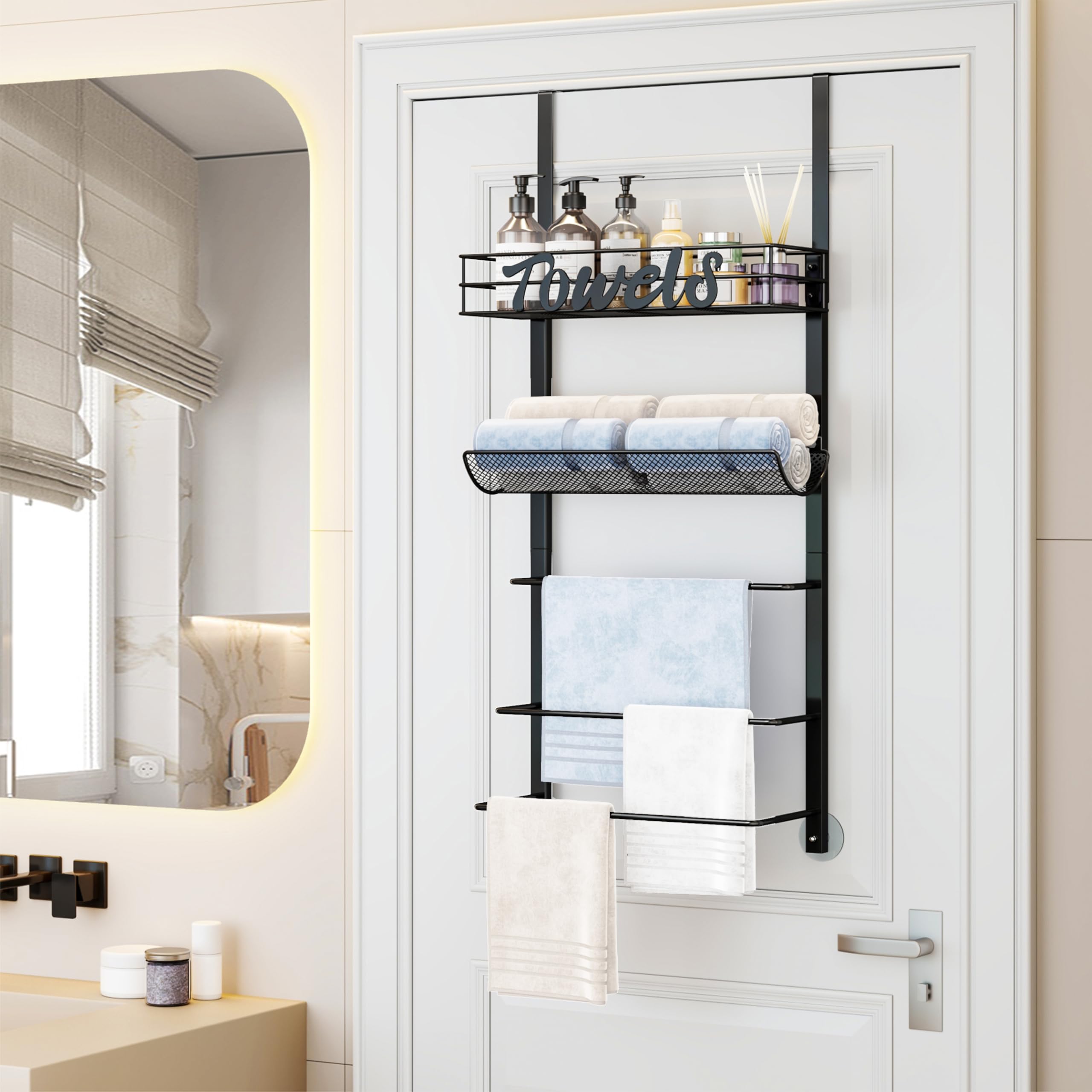 SWTYMIKI Towel Rack for Bathroom - 5 Tier Over Door The Towel Rack Wall Mounted with Metal Shelf, Over Door Towel Holder, Space-Saving Bathroom Storage, Multi-Functional Bathroom Accessories, Black