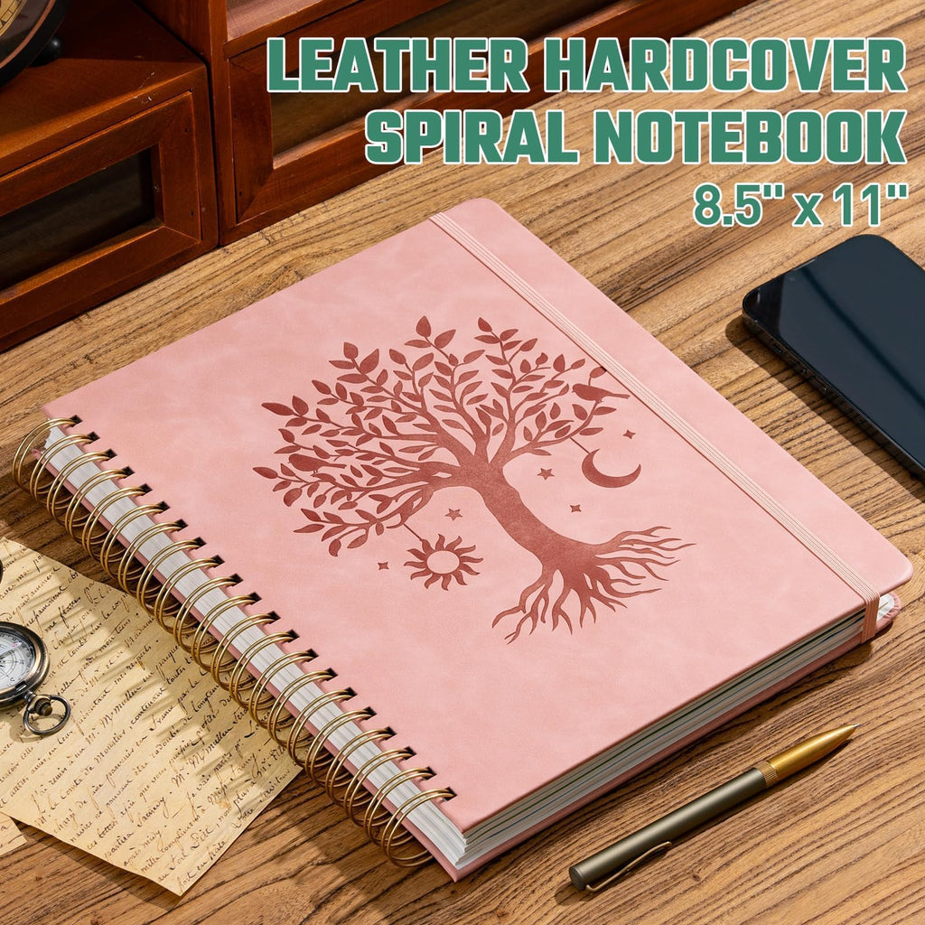 Ovesmusl Hardcover Spiral Notebook 8.5" x 11" with 5 Removable Dividers 300 Pages Leather 5 Subject Notebook College Ruled 100GSM Large Spiral Notebooks for Work Thick Lined Journal for Women, Pink