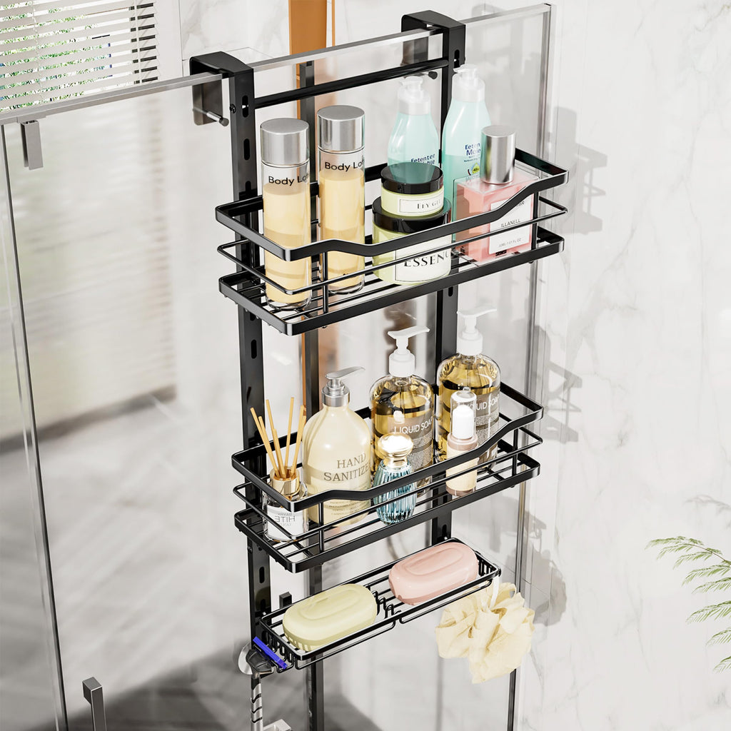 SWTYMIKI Shower Caddy Hanging Adjustable - 3 Tier No Drill Over the Door Hanging Shower Organizer Shelf with Hooks and Soap Holder, Bathroom Organizer Rust Resistant for Shampoo Razor, Black