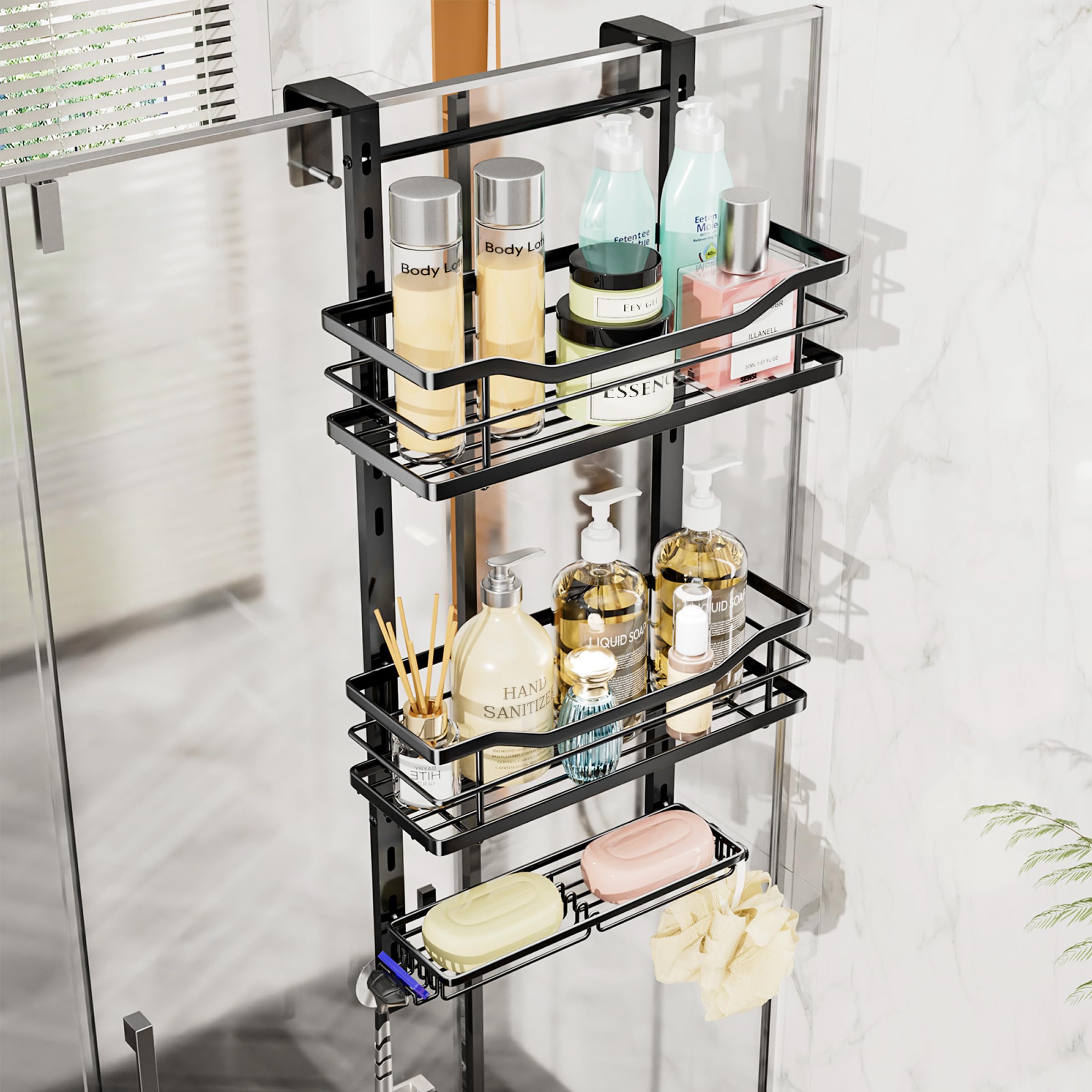 SWTYMIKI Shower Caddy Hanging Adjustable - 3 Tier No Drill Over the Door Hanging Shower Organizer Shelf with Hooks and Soap Holder, Bathroom Organizer Rust Resistant for Shampoo Razor, Black