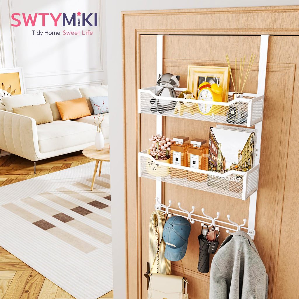 SWTYMIKI Over The Door Hook with 16 Hooks & 2 Mesh Baskets - Heavy Duty Over The Door Organizer Hanger for Towels, Coats, Clothes - Space Saving Hanging Rack for Bathroom, Living Room, White