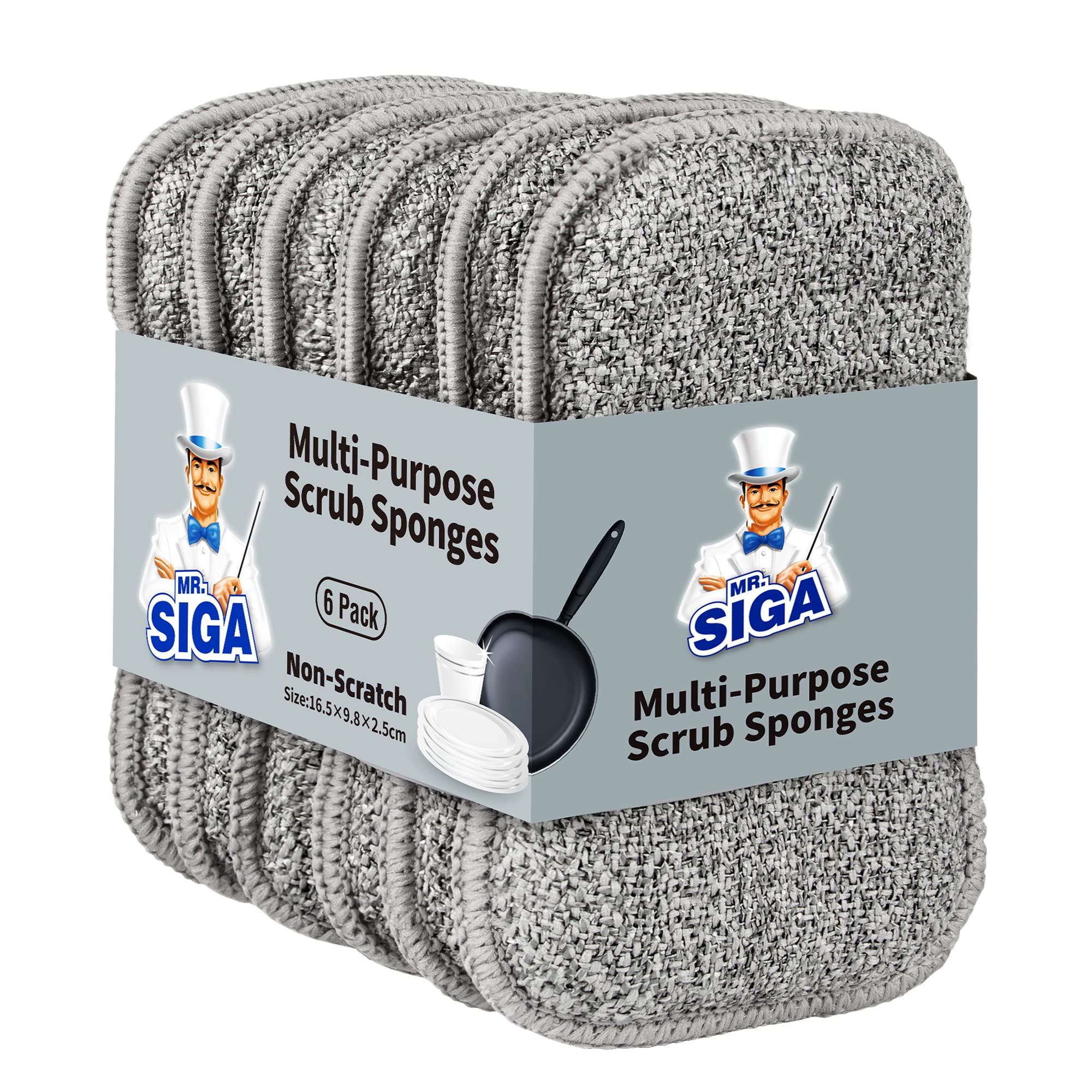 MR.SIGA Dual-Sided Scrub Sponges, Dishwashing Sponges for Kitchen, 6 Pack