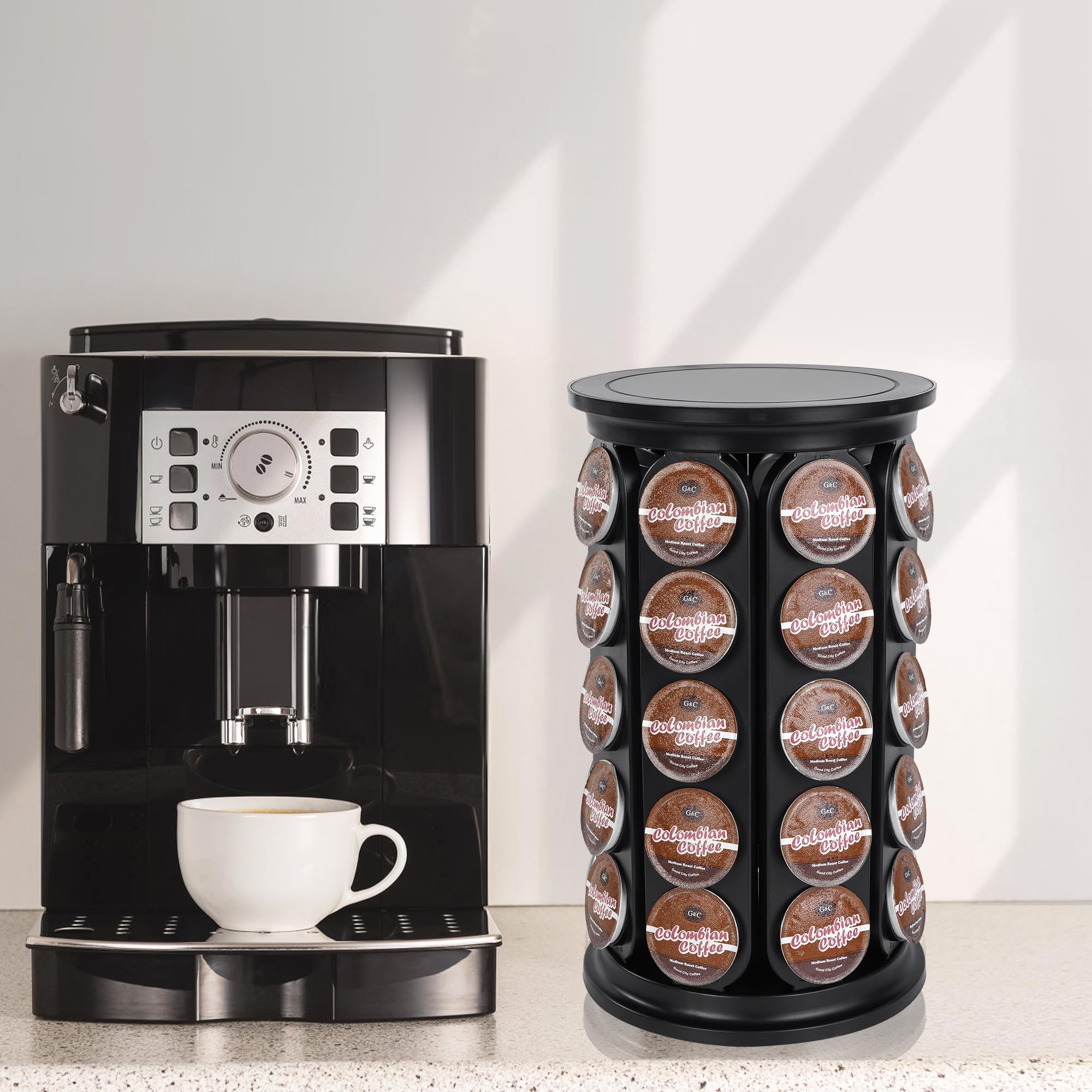 JMBTLUS Coffee Pod Holder, Holds 40 K Cup Coffee Capsules, Large Capacity Round Organizer with 360-Degree Rotation, Black