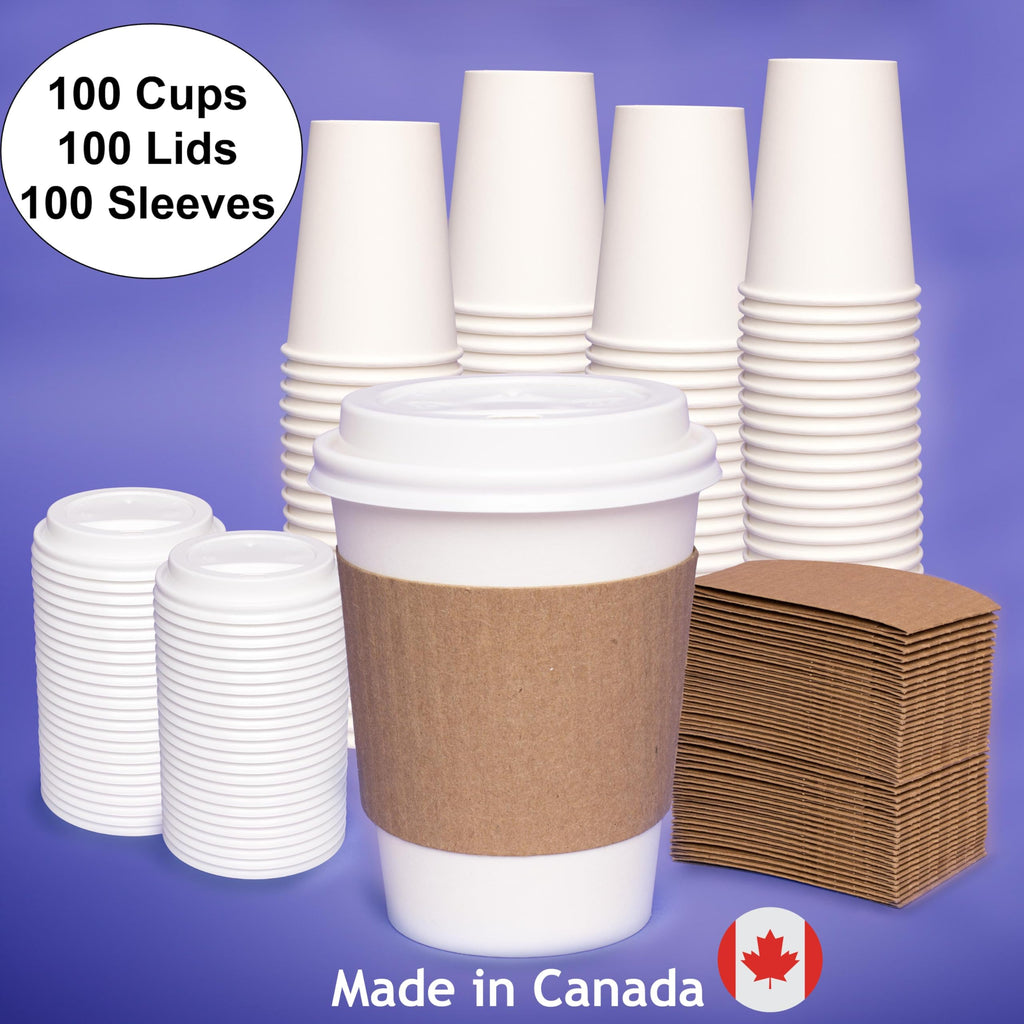 Blue Lake 12 oz Disposable Coffee Cups with Lids & Cup Sleeves. Made in Canada. 100 Cups, lids & Cup Sleeves